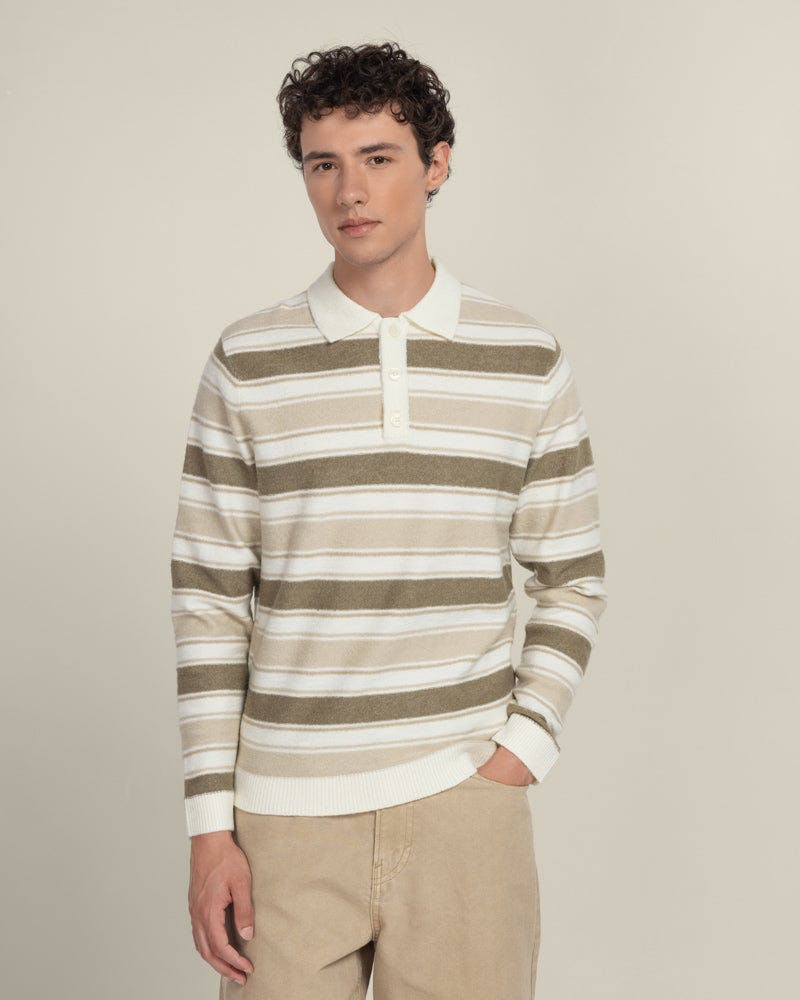 Larsson & Co Osterby - Stripe Knitted Long Sleeve Polo Shirt - M - Stone