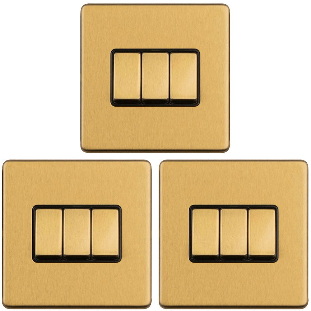 Loops 3 PACK 3 Gang Triple Light Switch SCREWLESS SATIN BRASS 2 Way 10A Slim Rocker