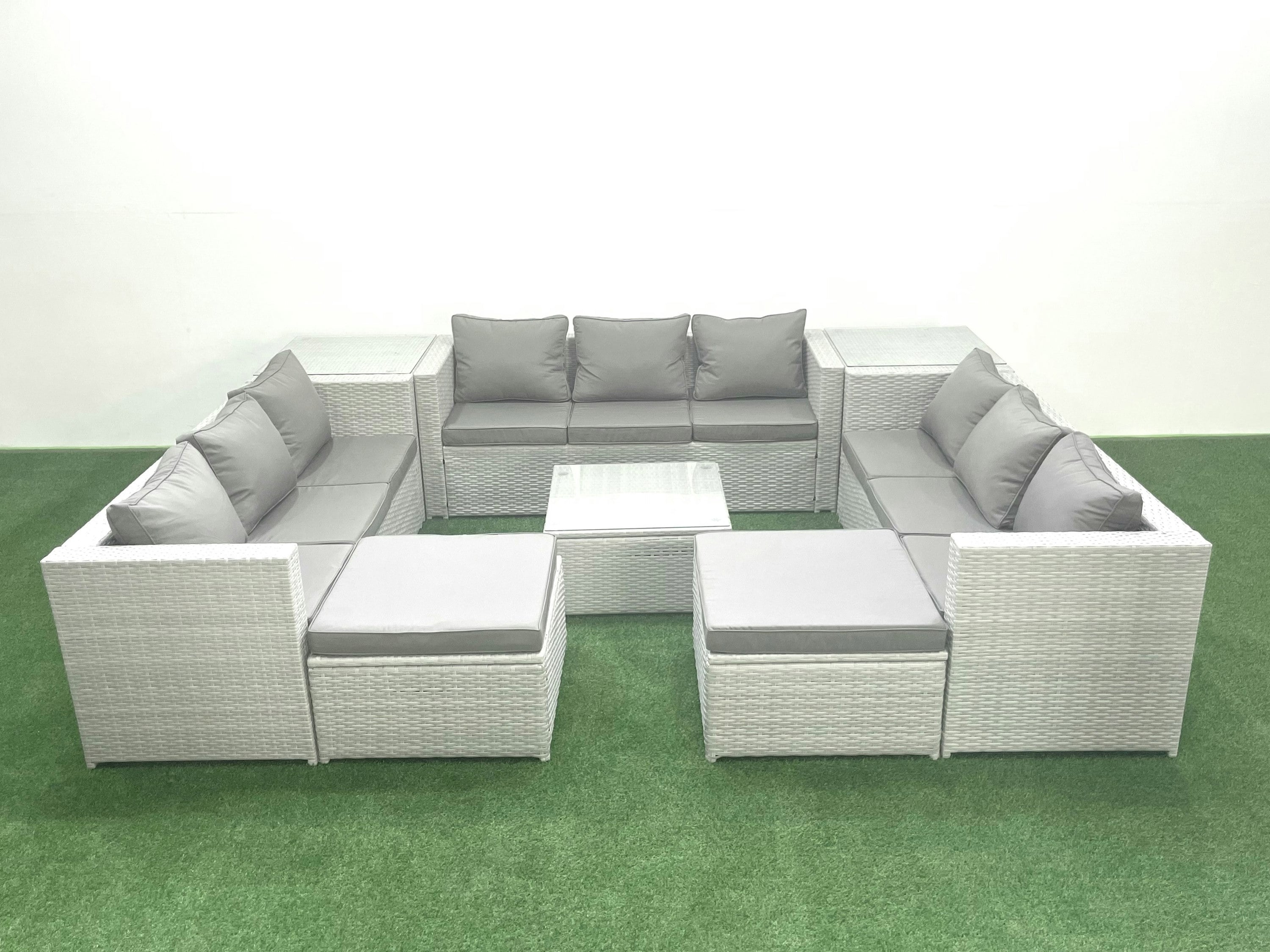 Fimous Light/Grey Rattan Garden Outdoor Furniture Set 11 Seater Rattan Garden Sofa Set With 2 Big Footstools 2 Side Tables Mixed