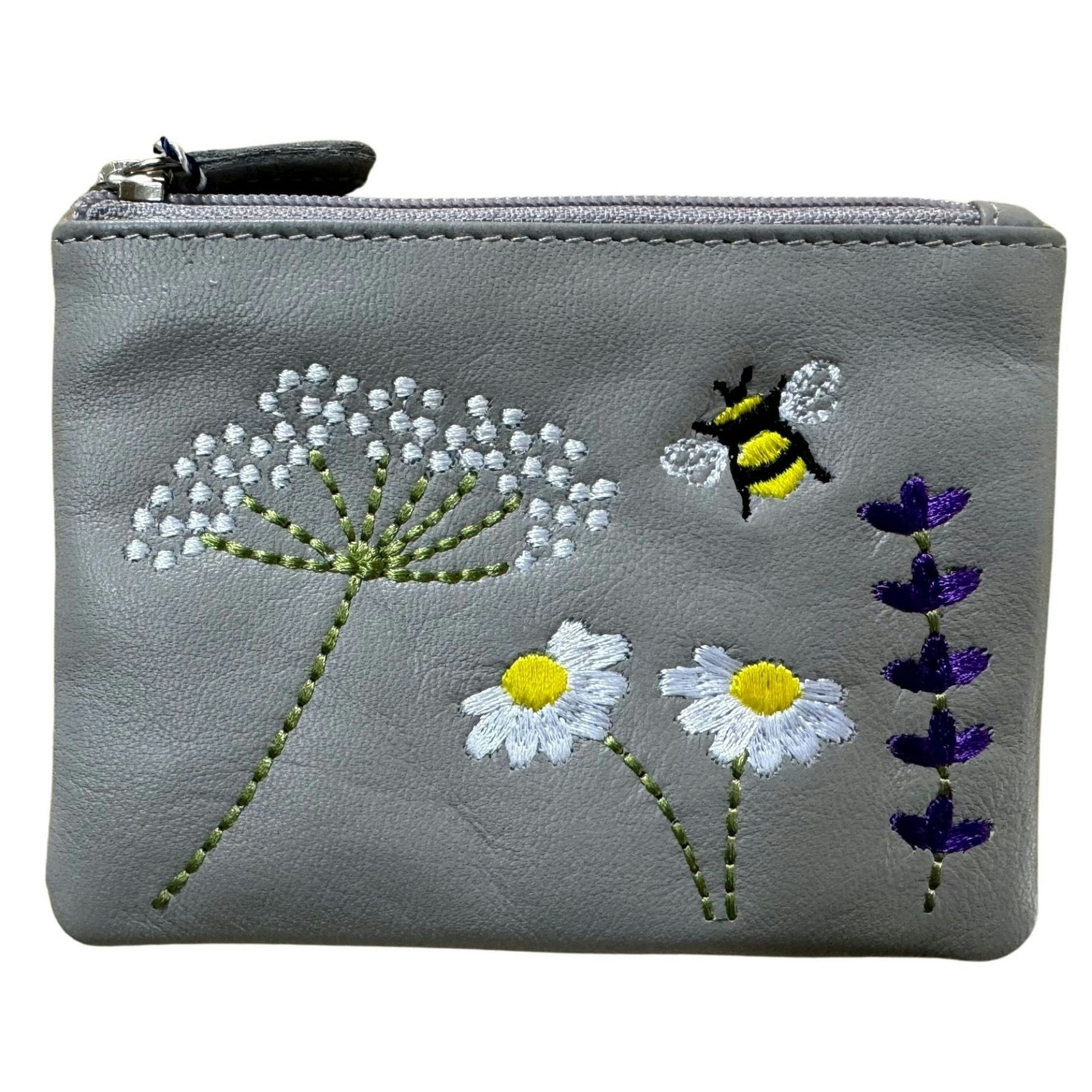 Mala Leather Grey Embroidered Blossom Bee & Daisy Leather Coin Purse