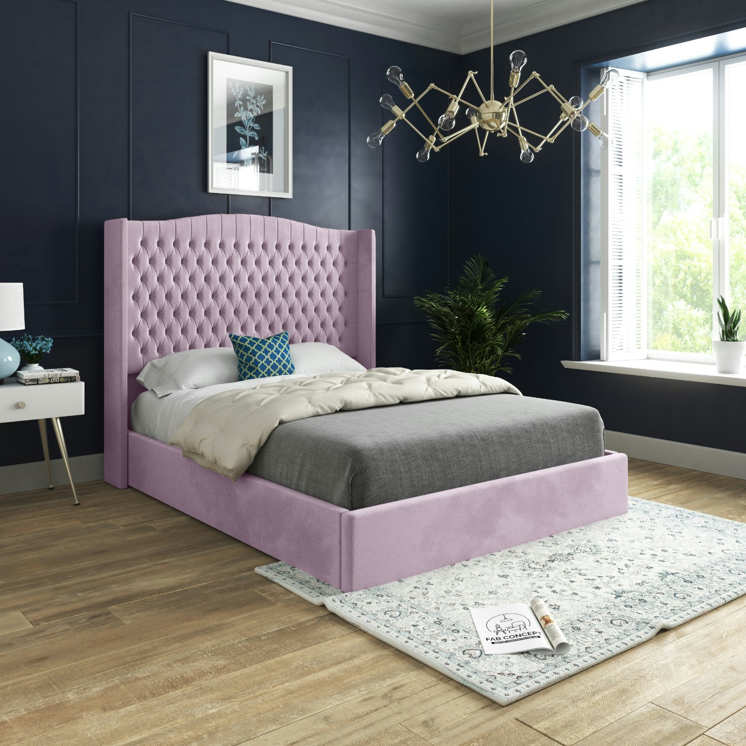 Rackhams Pink Rana Curved Top Winged Upholstered Soft Velvet Bed Frame - King