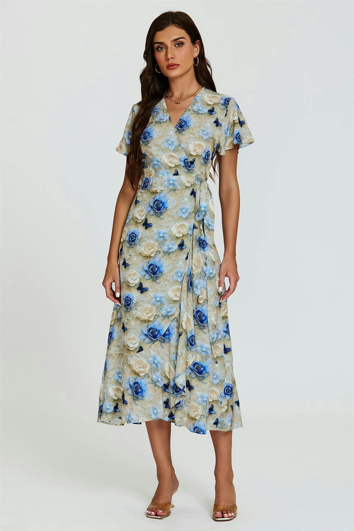 Fs Collection Beige Floral Print Wrap Hem Midi Dress In - Xs