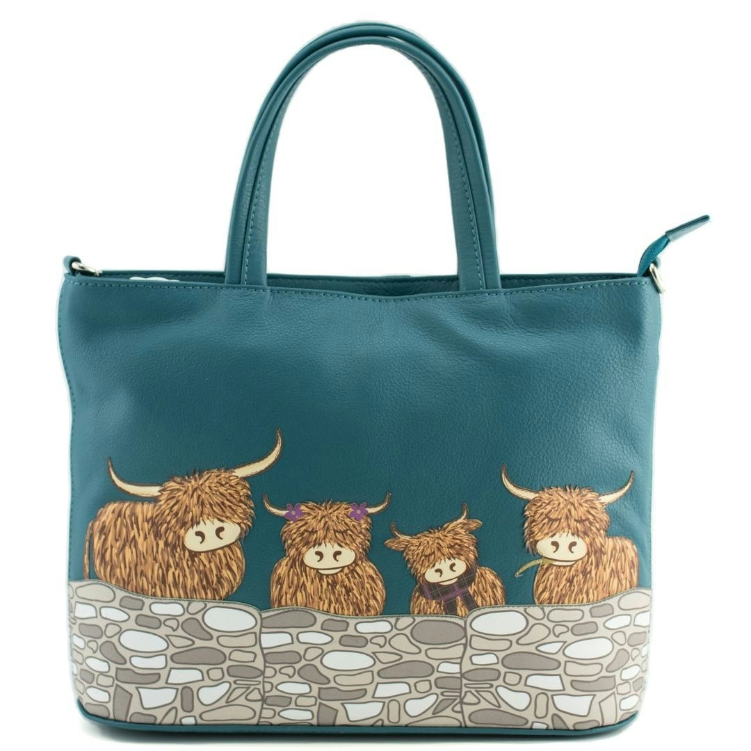 Mala Leather Bella Highland Cow Family Leather Multiway Grab Bag - Teal