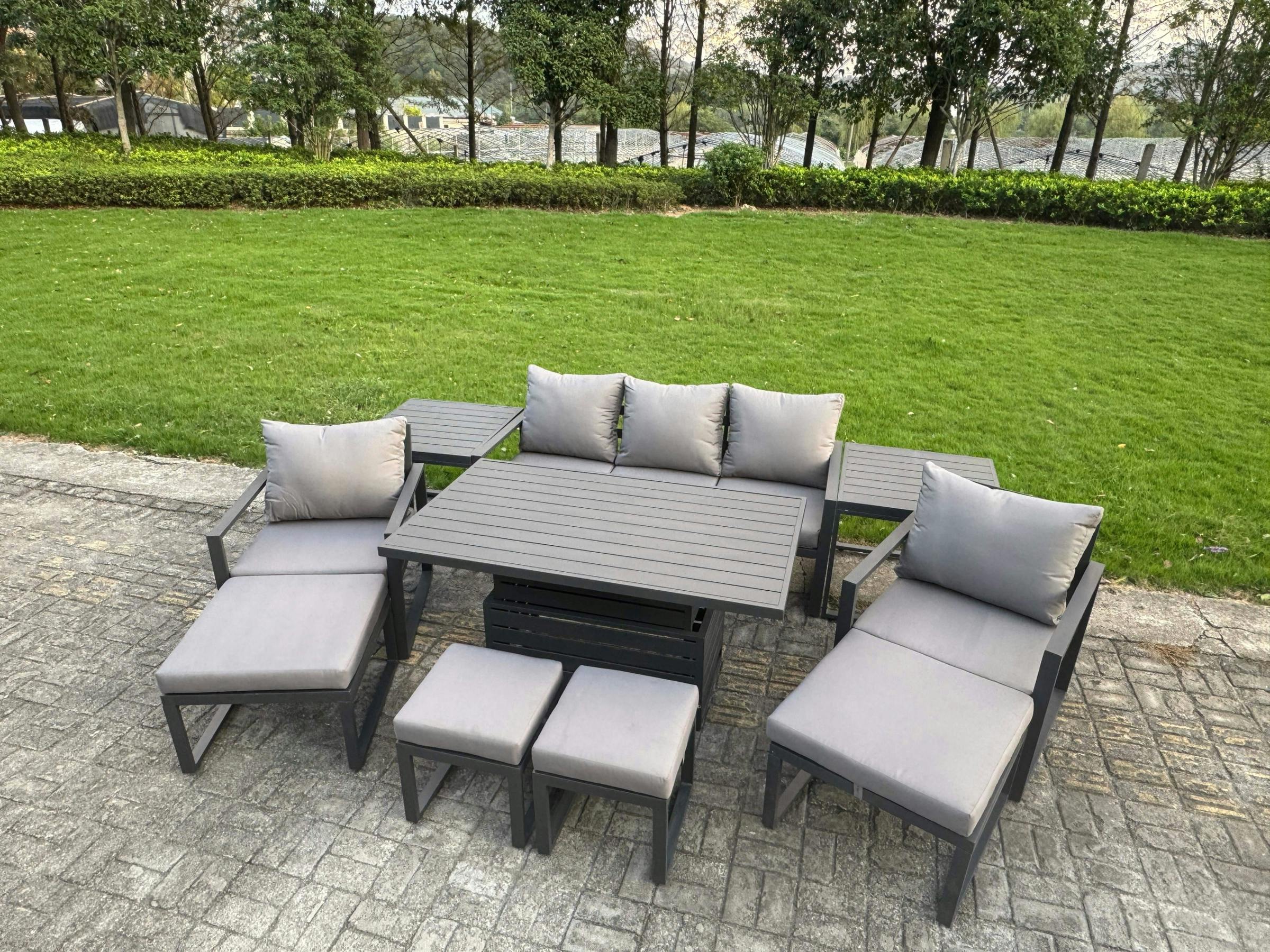 Rackhams Grey 9 Seater Aluminium Garden Furniture Set With Sofa, Adjustable Rising Dining Table, 2 Chairs, 4 Footstools, 2 Side Tables