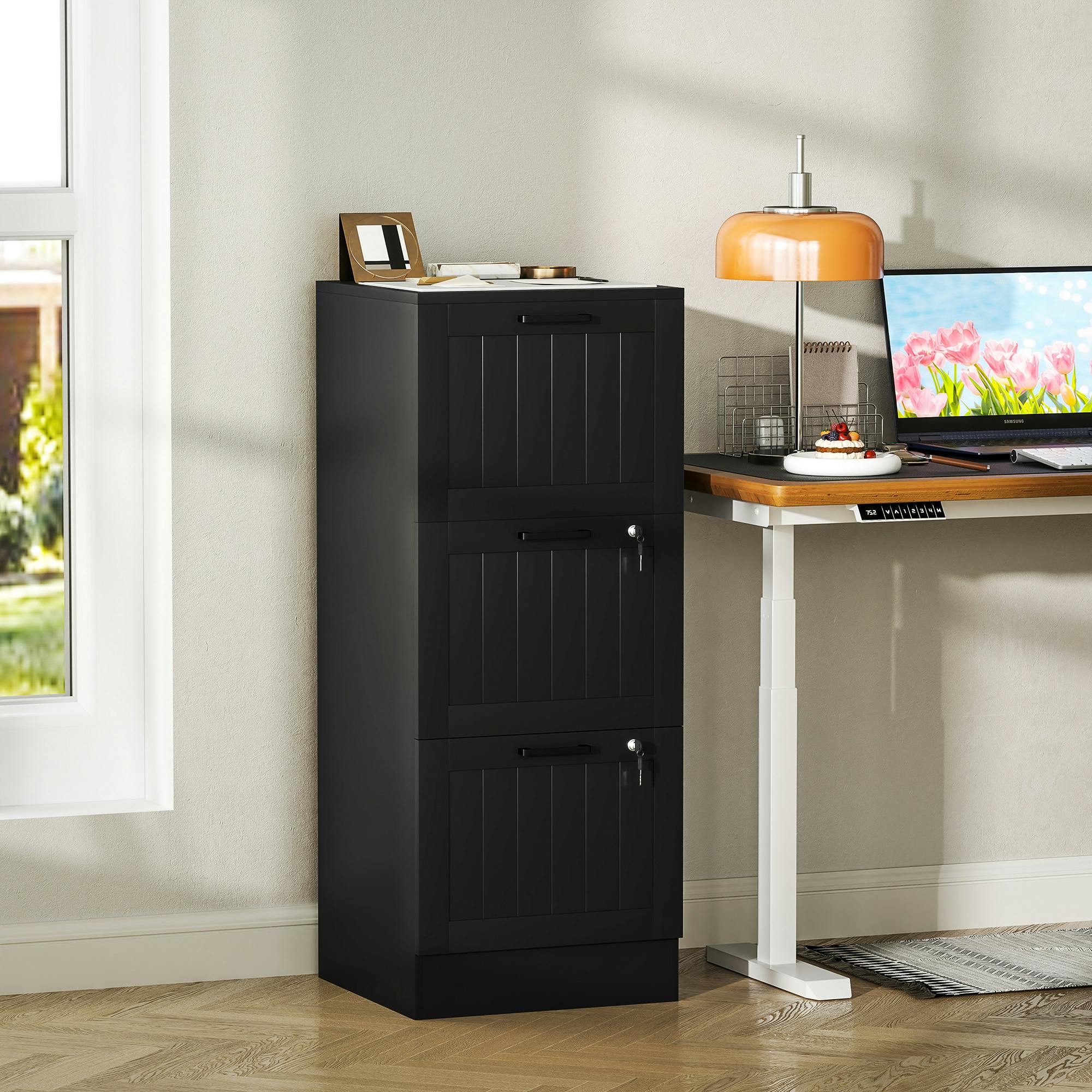 Rackhams Black 2 Drawer File Cabinet With Lock And Adjustable Hanging Bars, - 3 - 101H X 40W X 40D Cm