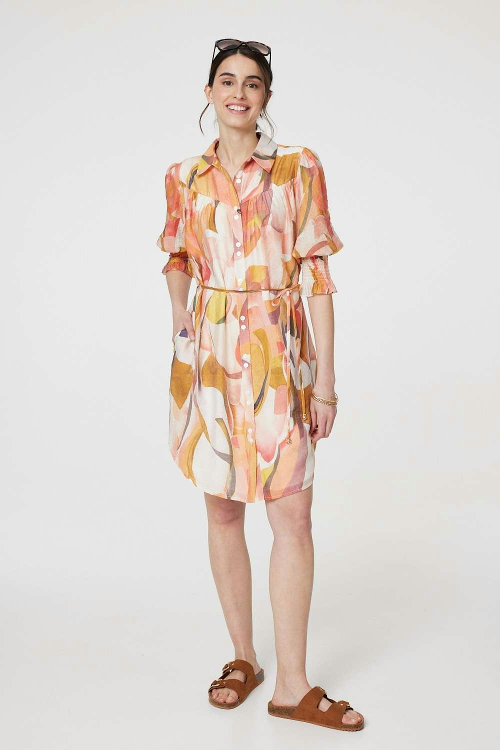 Izabel London Orange Printed 3/4 Puff Sleeve Shirt Dress - 16