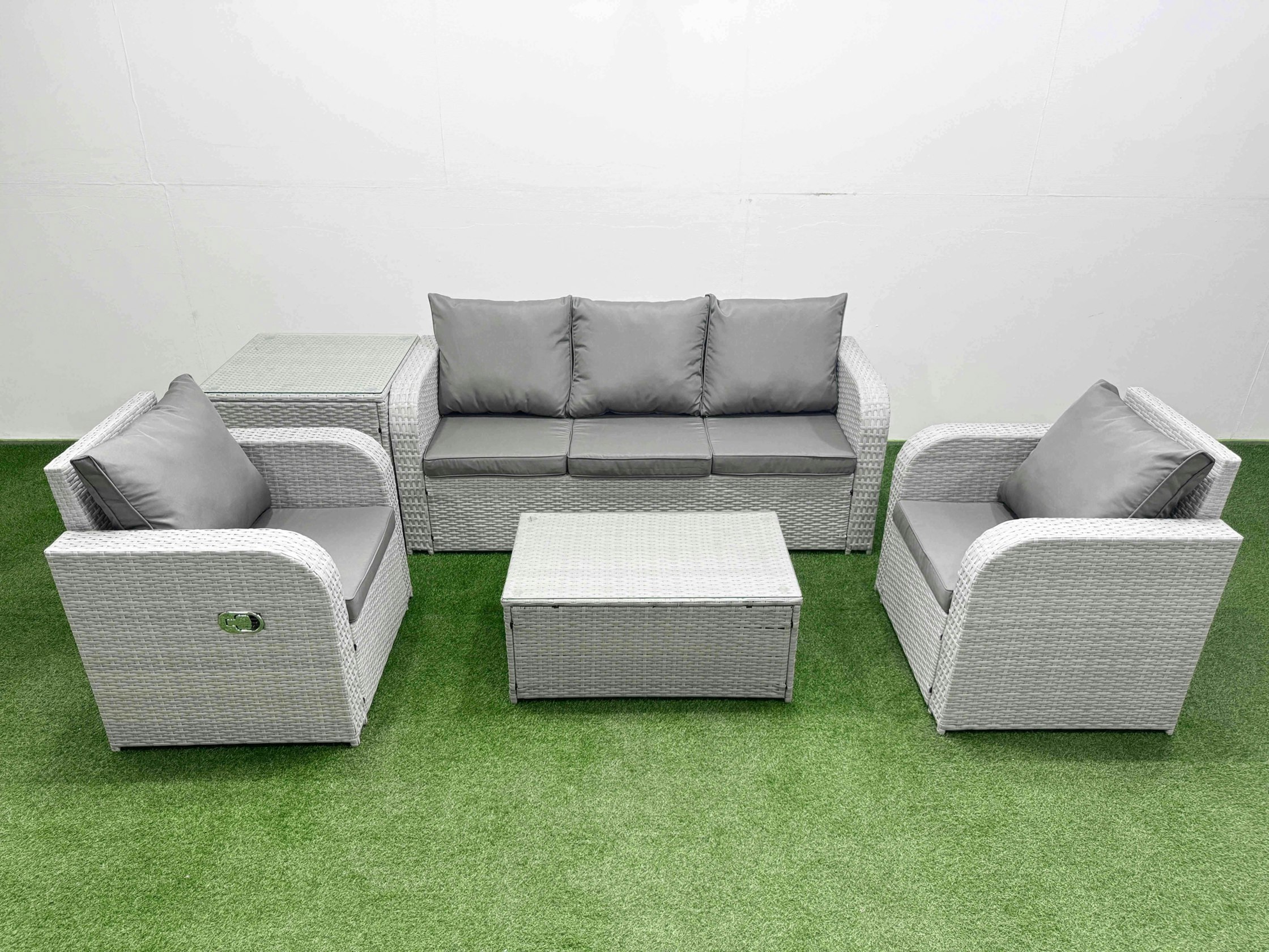 Fimous Light/Grey Pe Rattan Garden Furniture Set Reclining Chair Sofa Lounge Sofa Set Oblong Coffee Table Side Table