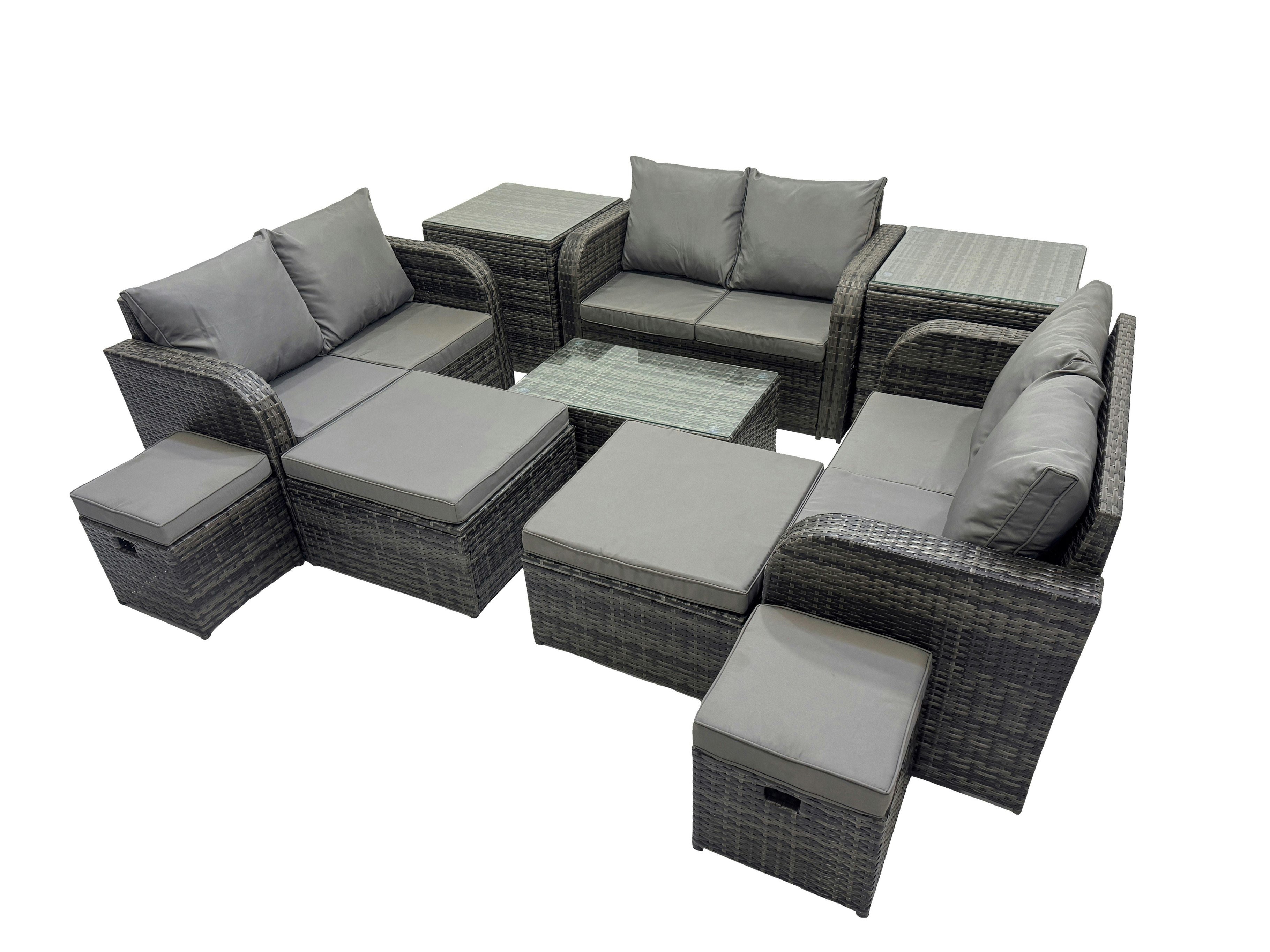 Rackhams Dark/Grey Outdoor Love Sofa Coffee Table Set Garden Rattan Furniture Set 10 Seater With 4 Stools 2 Side Tables