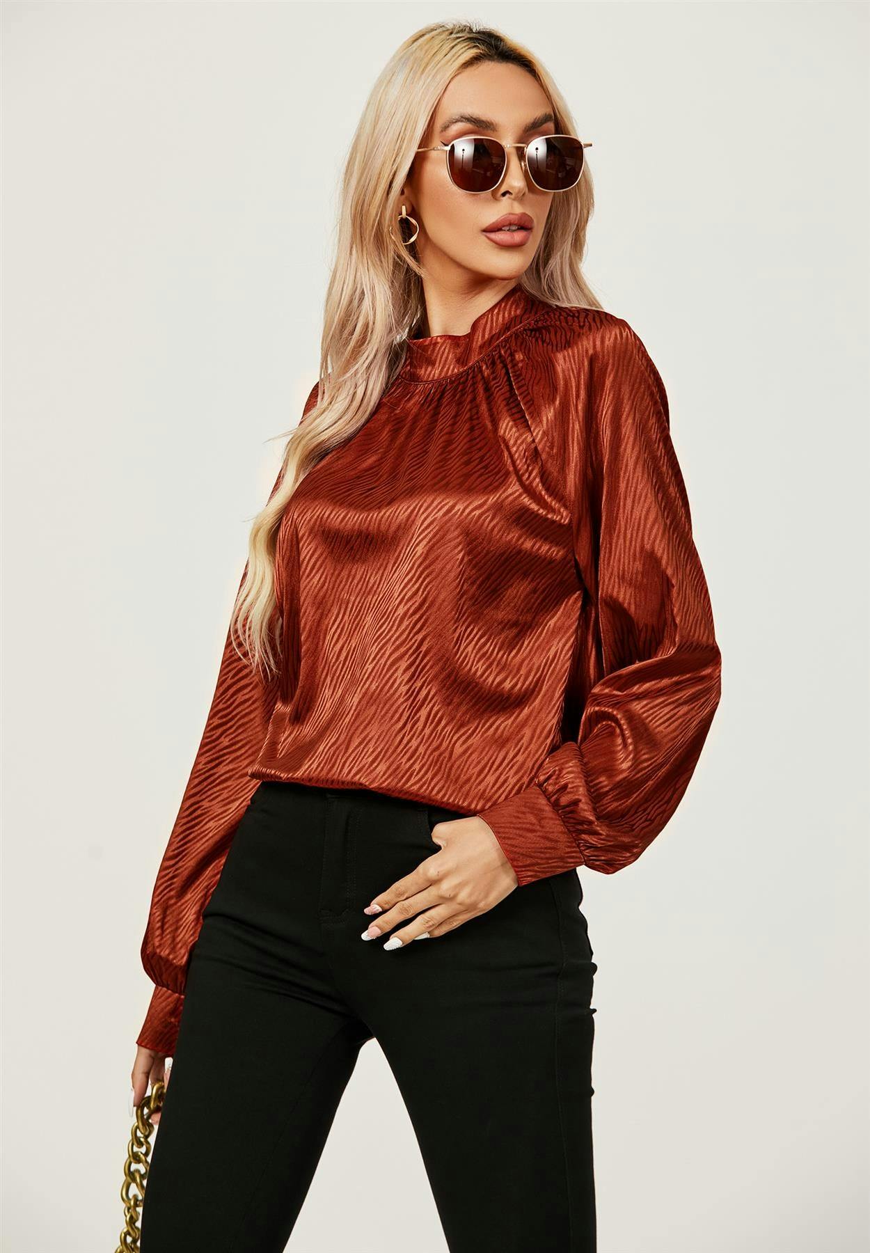 Fs Collection Red Halter Neck Satin Long Sleeve Blouse Top In Copper - M