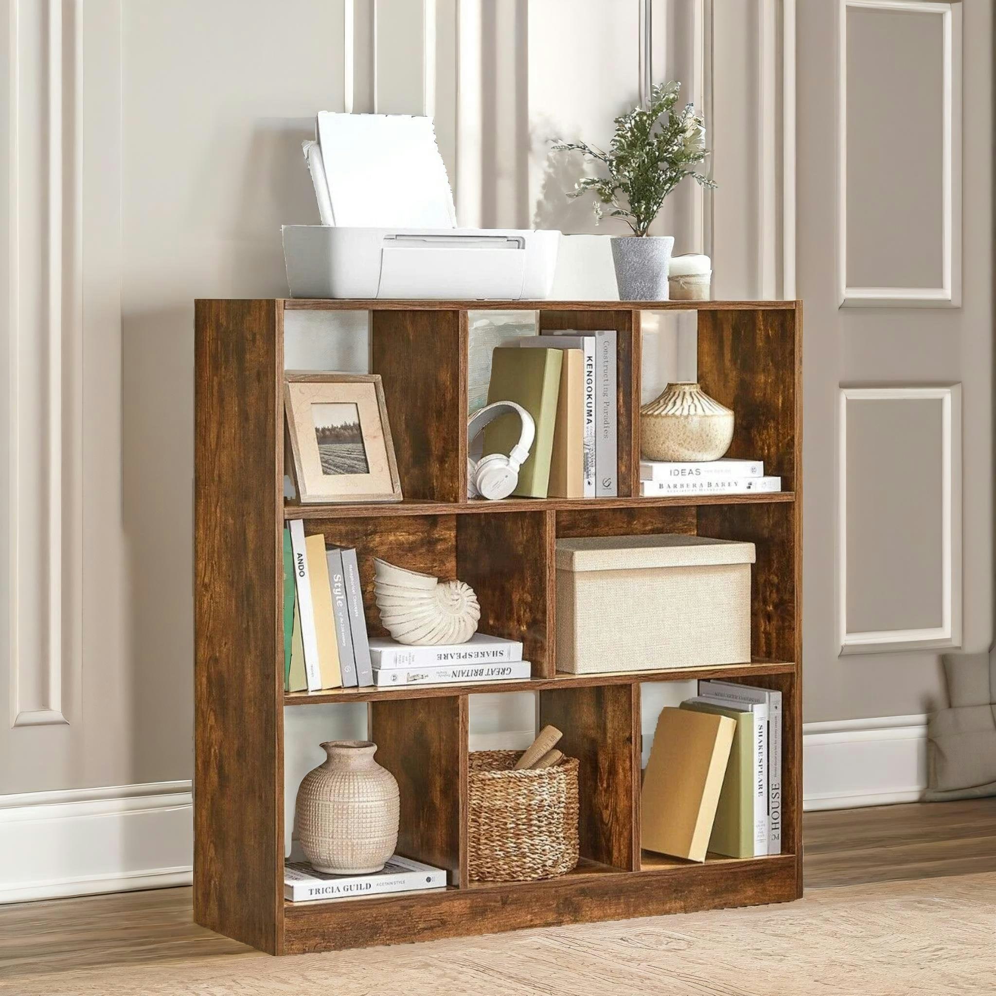 Rafaelo Mobilia Brown Industrial 8 Compartment Book Shelf Rustic