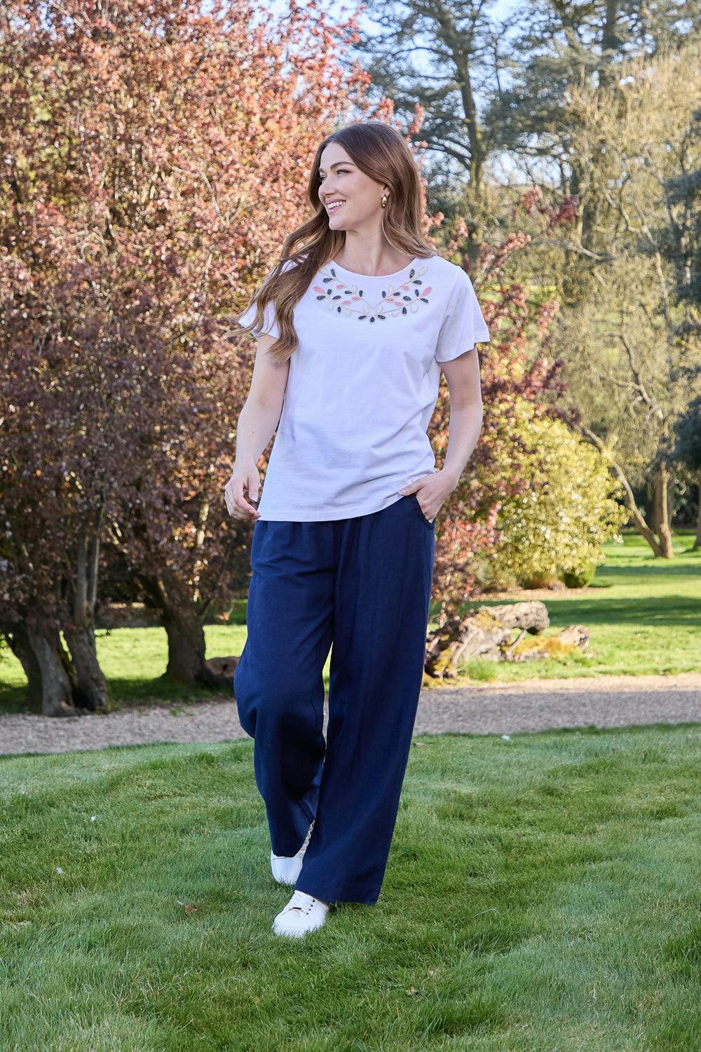 Mudflower Linen Blend Blanket Stitch Wide Leg Trousers - Navy - 18
