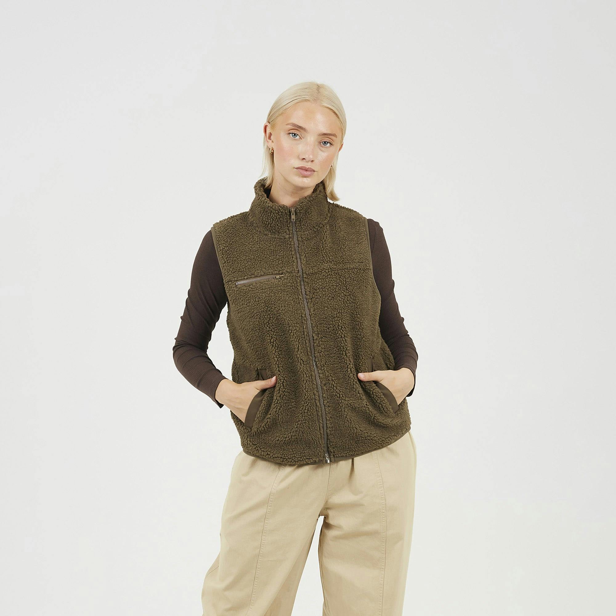 Brave Soul Zip Through Fleece Gilet - Taupe - Taupe - Xs
