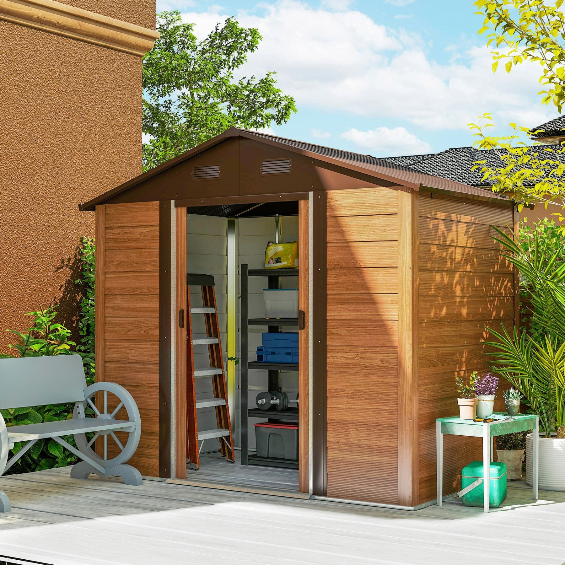 Outsunny 7.7X6.4ft Garden Shed, Tool Storage Sliding Door Wood Effect