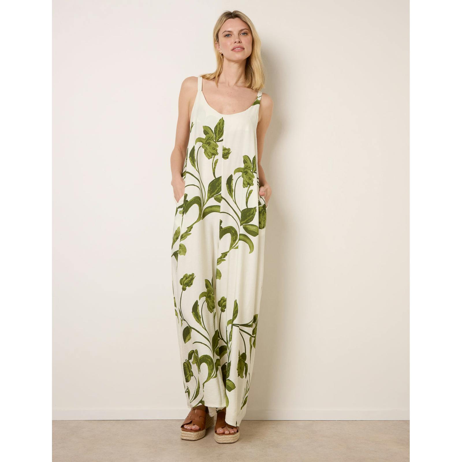 Blue Vanilla Blue/Green Vanilla Floral Print Wide Leg Jumpsuit - M-L