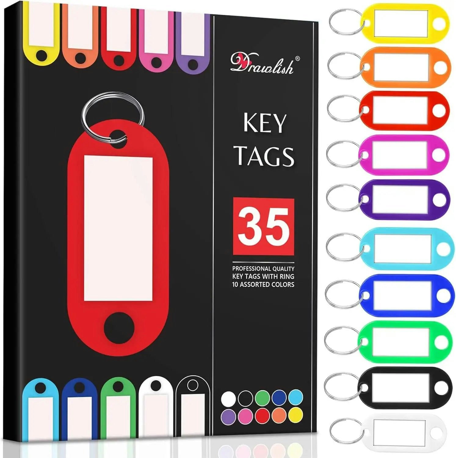 Drawlish Blue/Yellow/Green Key Tags With Labels - Pack Of 35 Durable Key Fobs With Split Keyrings
