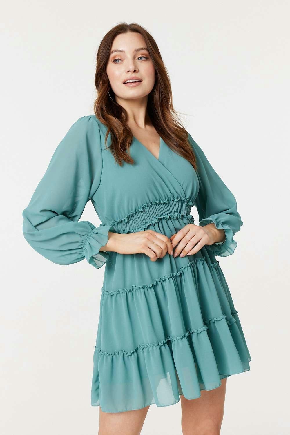 Izabel London Green Tiered Long Sleeve Mini Dress - 12