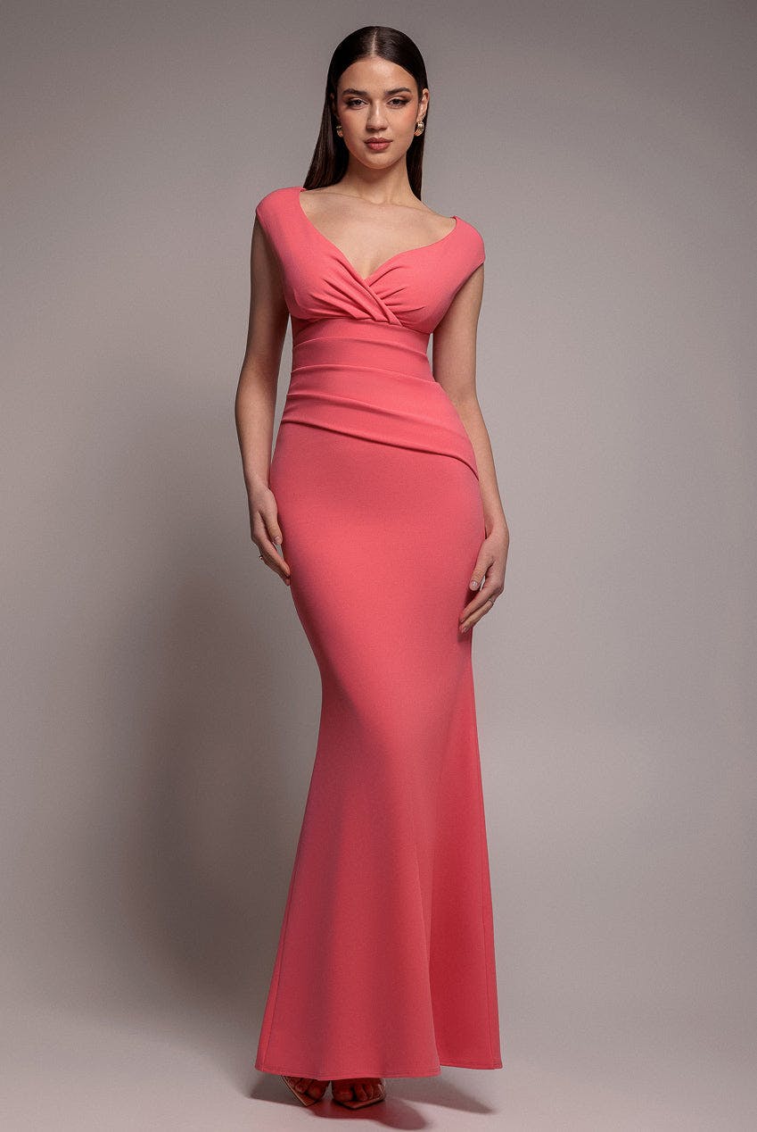 Goddiva Coral Bardot Pleated Maxi Dress - By - 8
