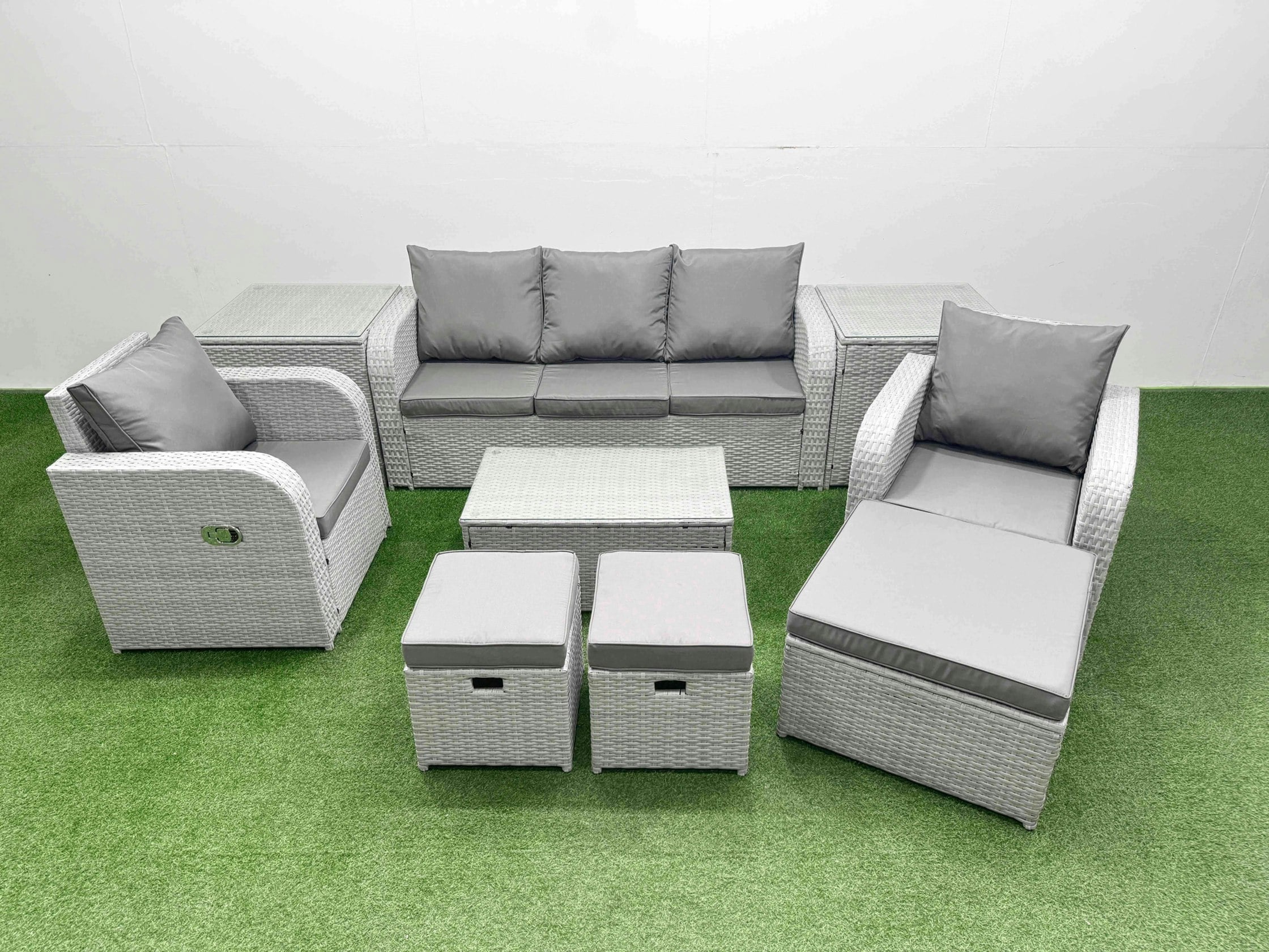 Rackhams Light/Grey Pe Rattan Garden Furniture Set Reclining Chair Sofa Lounge Sofa Set Oblong Coffee Table 2 Side Table 3 Stools