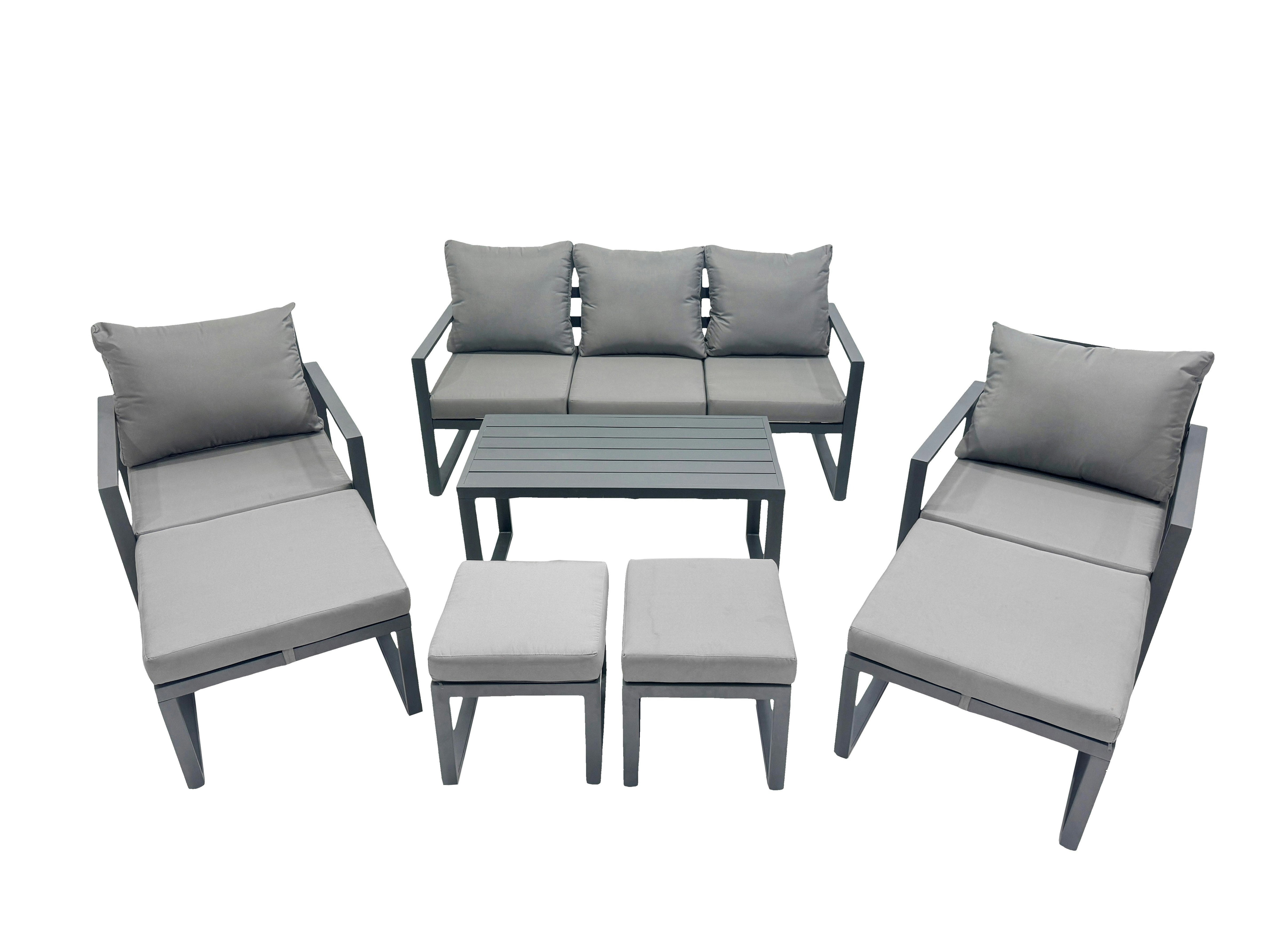 Fimous Dark/Grey 9 Seat Outdoor Garden Furniture Set Aluminium Lounge 3 Seat Sofa Oblong Coffee Table Sets With Chair 4 Stools 2 Side Tables
