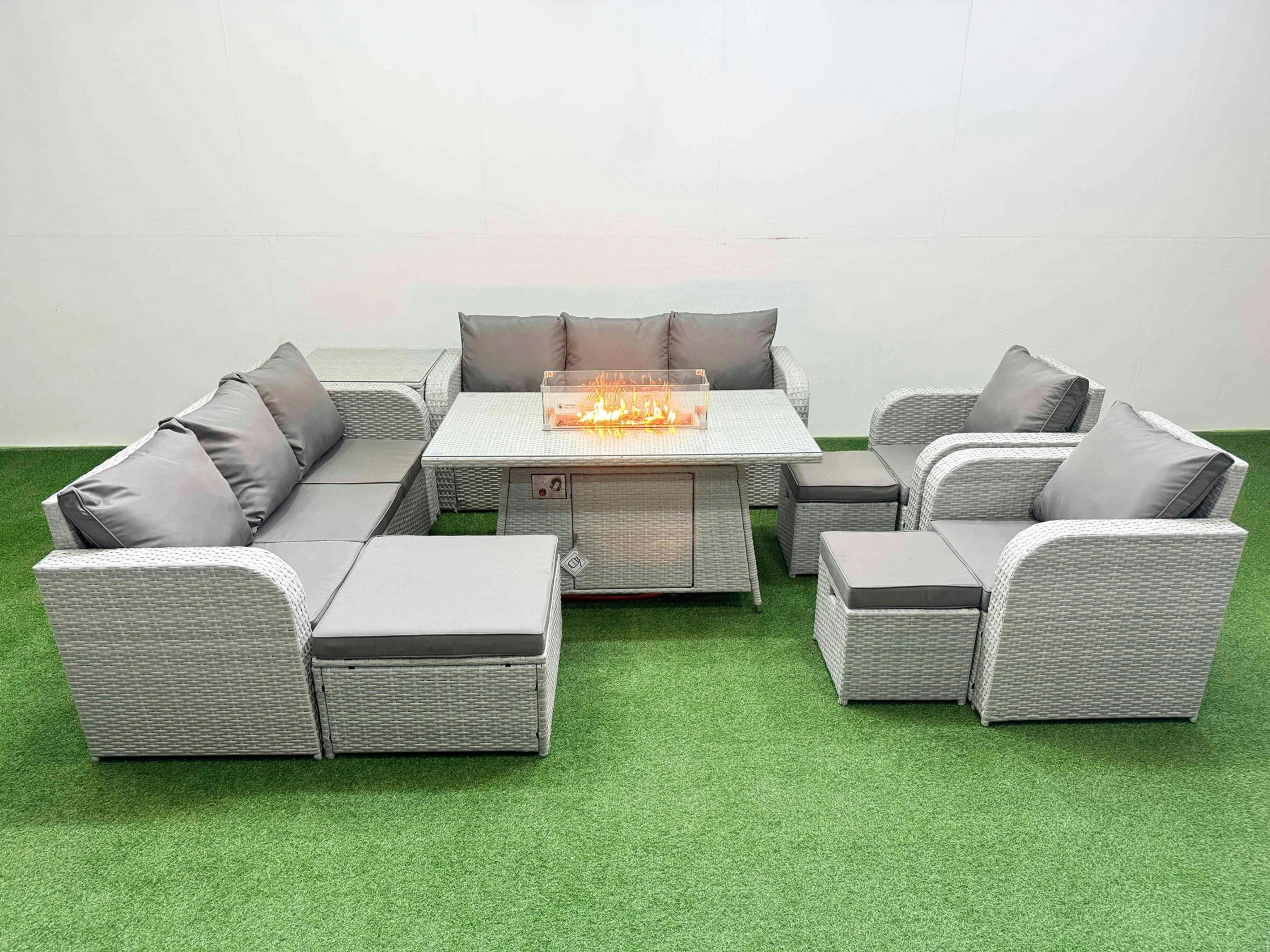 Rackhams Light/Grey Pe Rattan High Back Lounge Sofa Set Patio Fire Pit Dining Table & Chairs Set With 3 Seater Sofa Reclining Chair 3 Stools Side Table