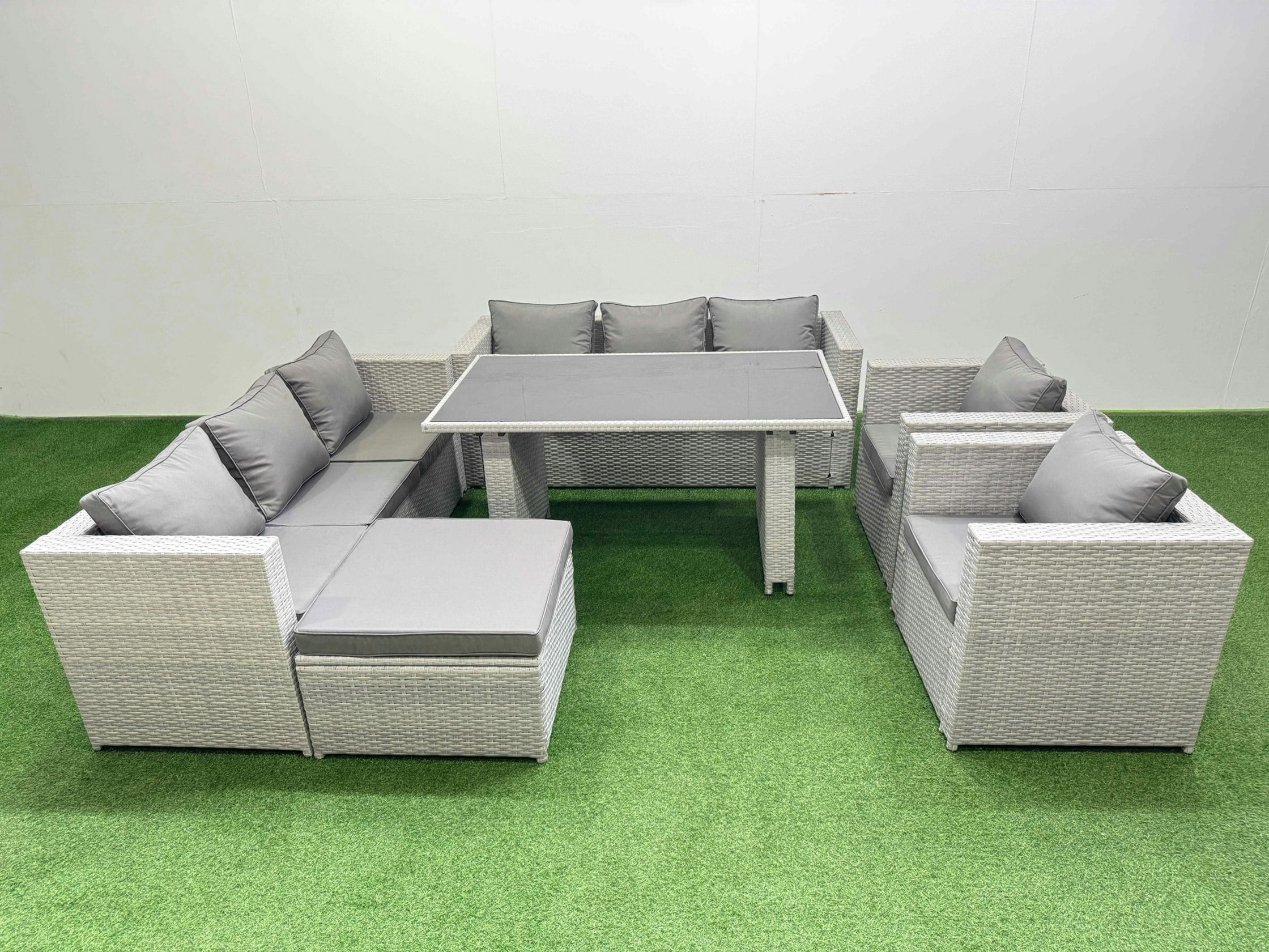 Fimous Light/Grey 9 Seater Wicker Pe Rattan Furniture Outdoor Dining Table 3 Seater Sofa Armchair Set With Big Stool