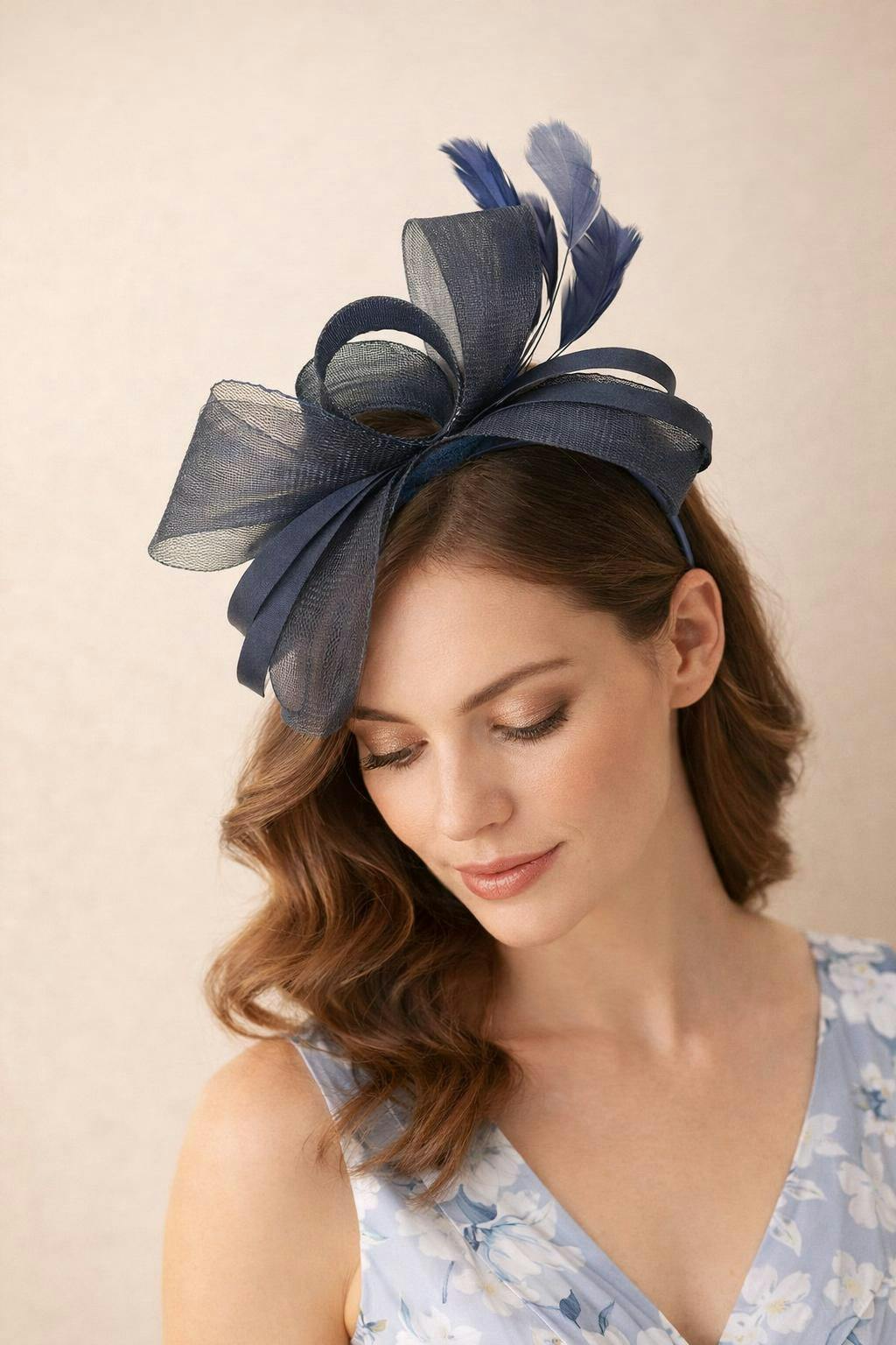 Svnx Blue Bow Shaped Fascinator With Satin Loops & Feathers In Navy