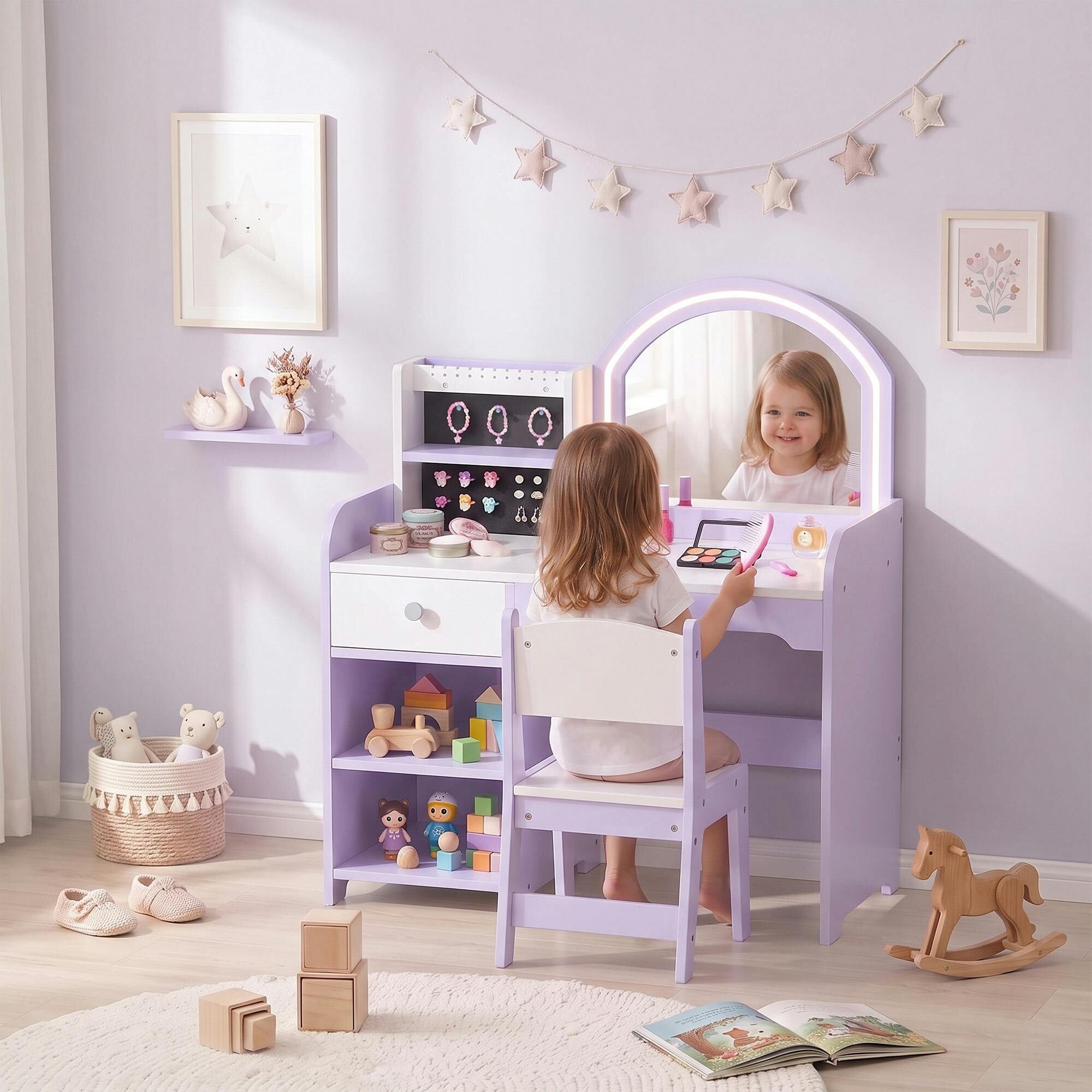 Aiyaplay Girls Purple Kids Vanity Set, Dressing Table With Stool, 2-Colour Lights Mirror, Pretend Dresser Gift For Ages 3-8, - Image 3