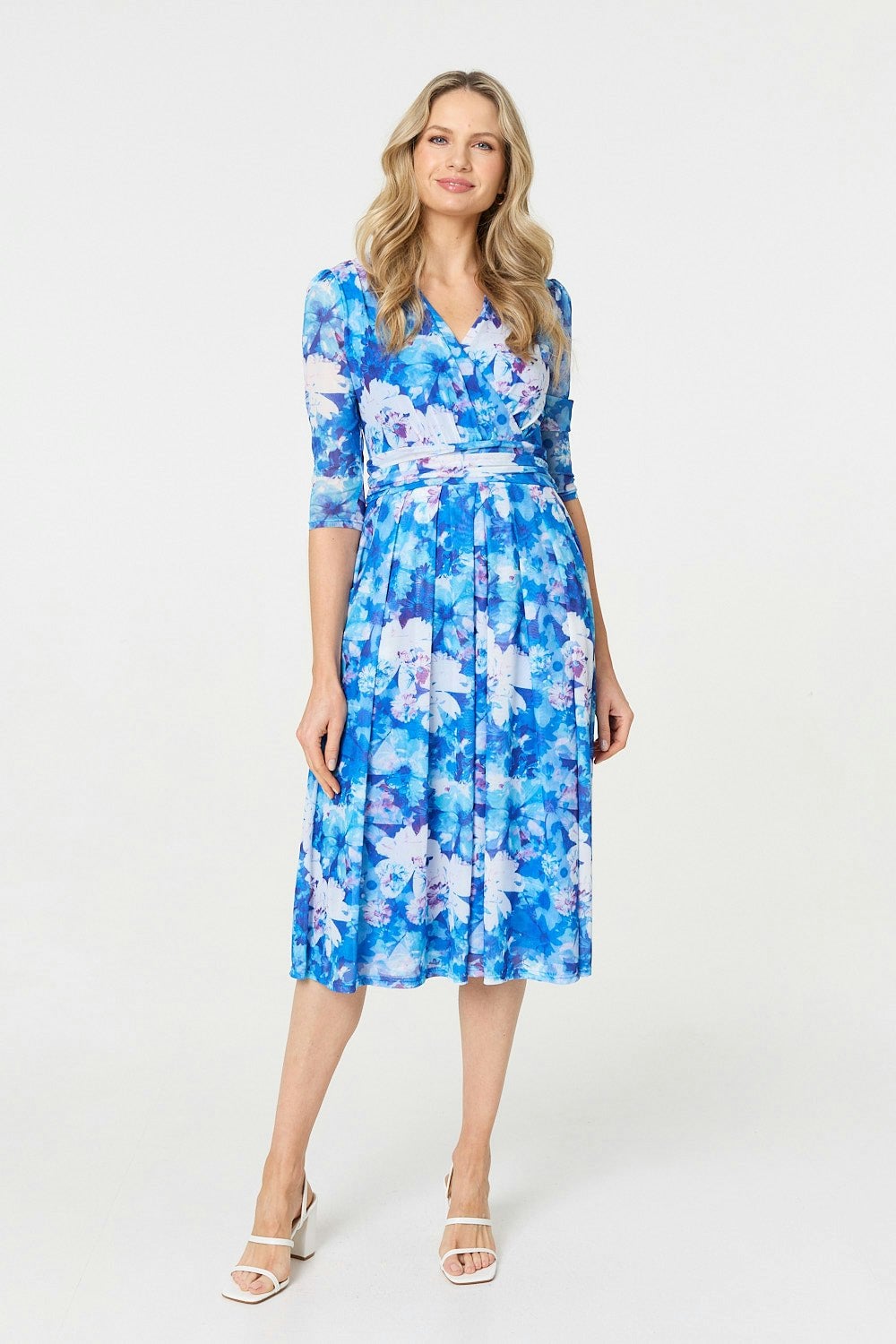 Izabel London Blue Floral Mesh Pleated Faux Wrap Midi Dress - 18