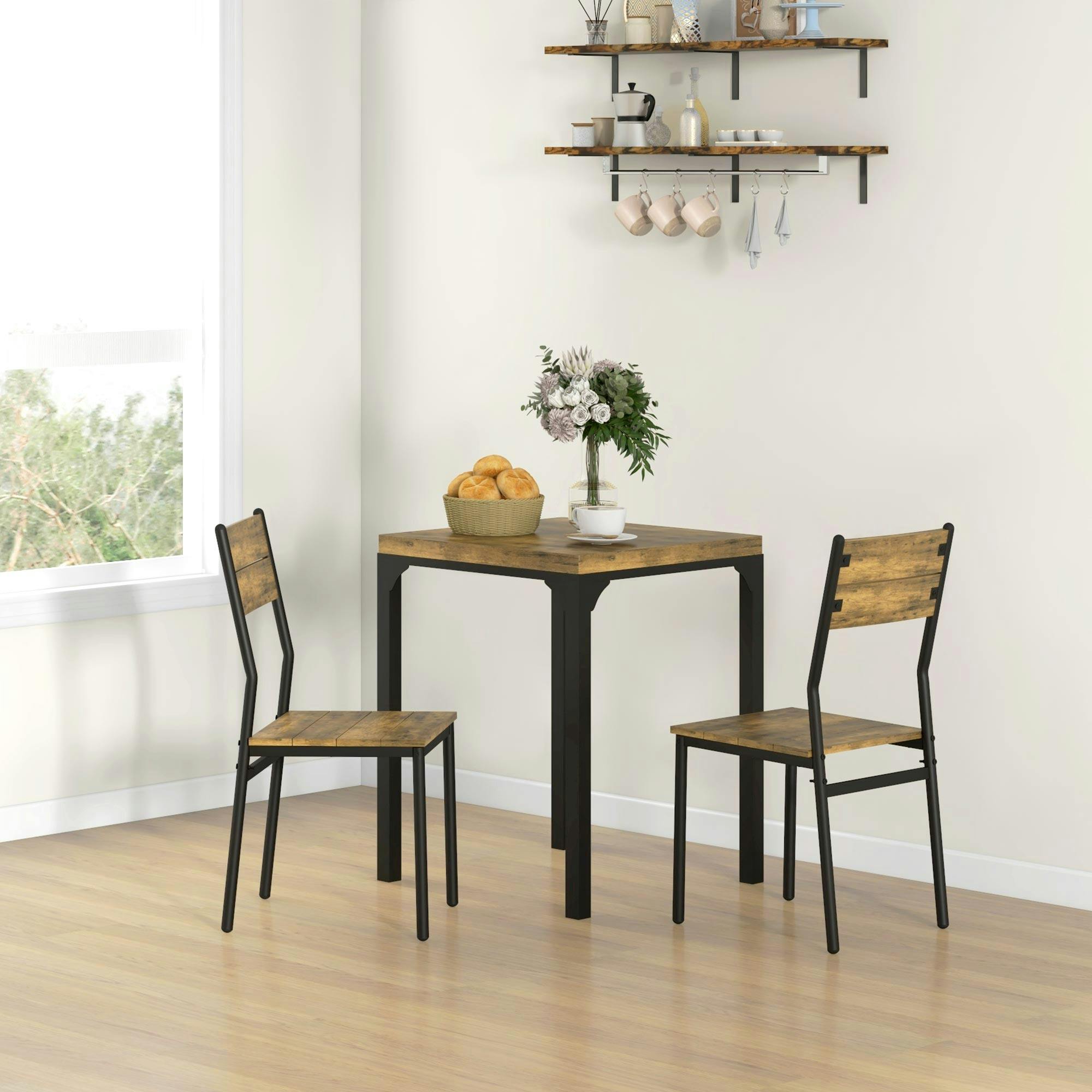 HOMCOM 3 Pcs Compact Dining Table 2 Chairs Set Rustic Brown MDF Steel - Image 4