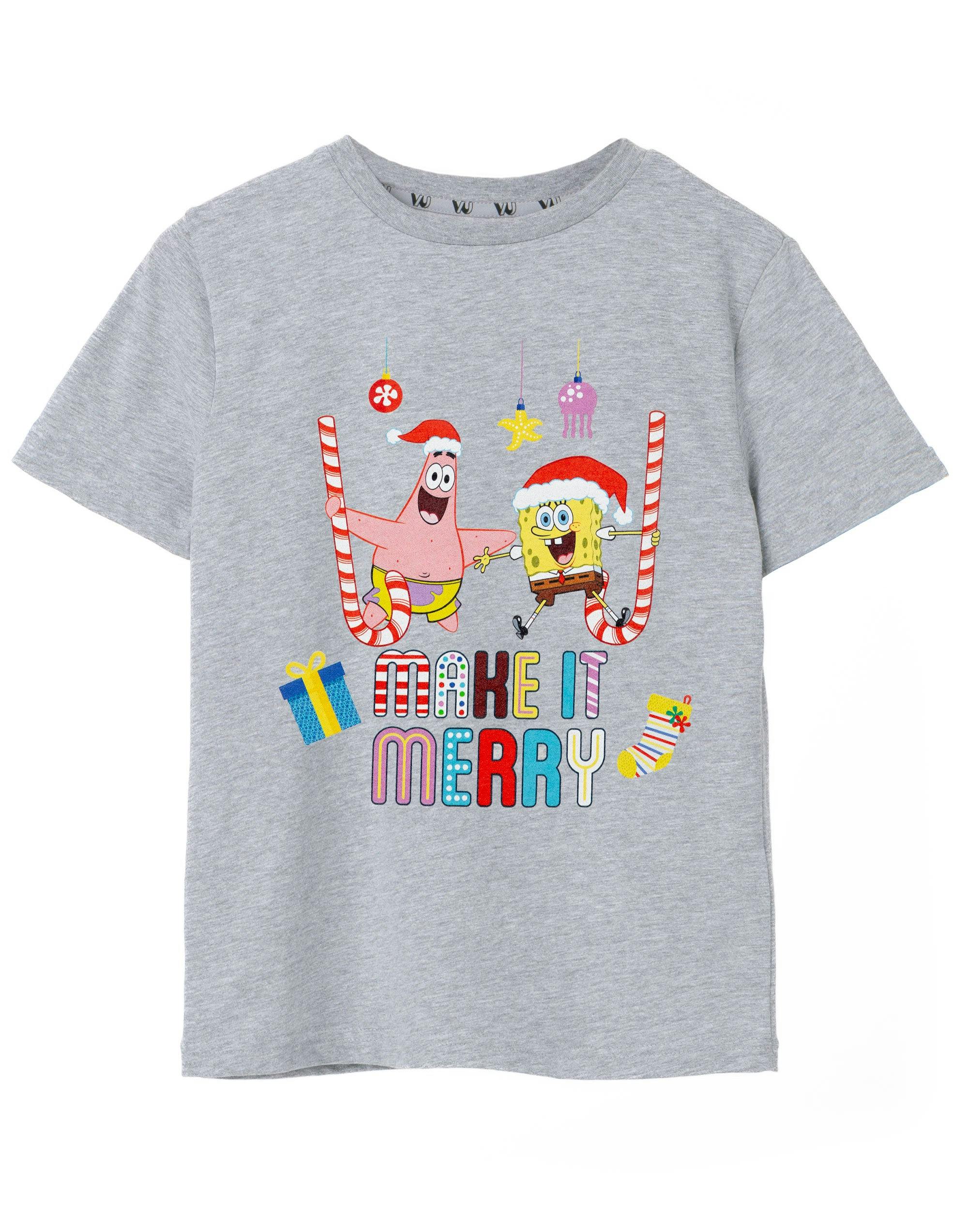 Vanilla Underground Unisex Grey Spongebob Squarepants Kids Make It Merry Short Sleeved T-Shirt - 7-8 Years