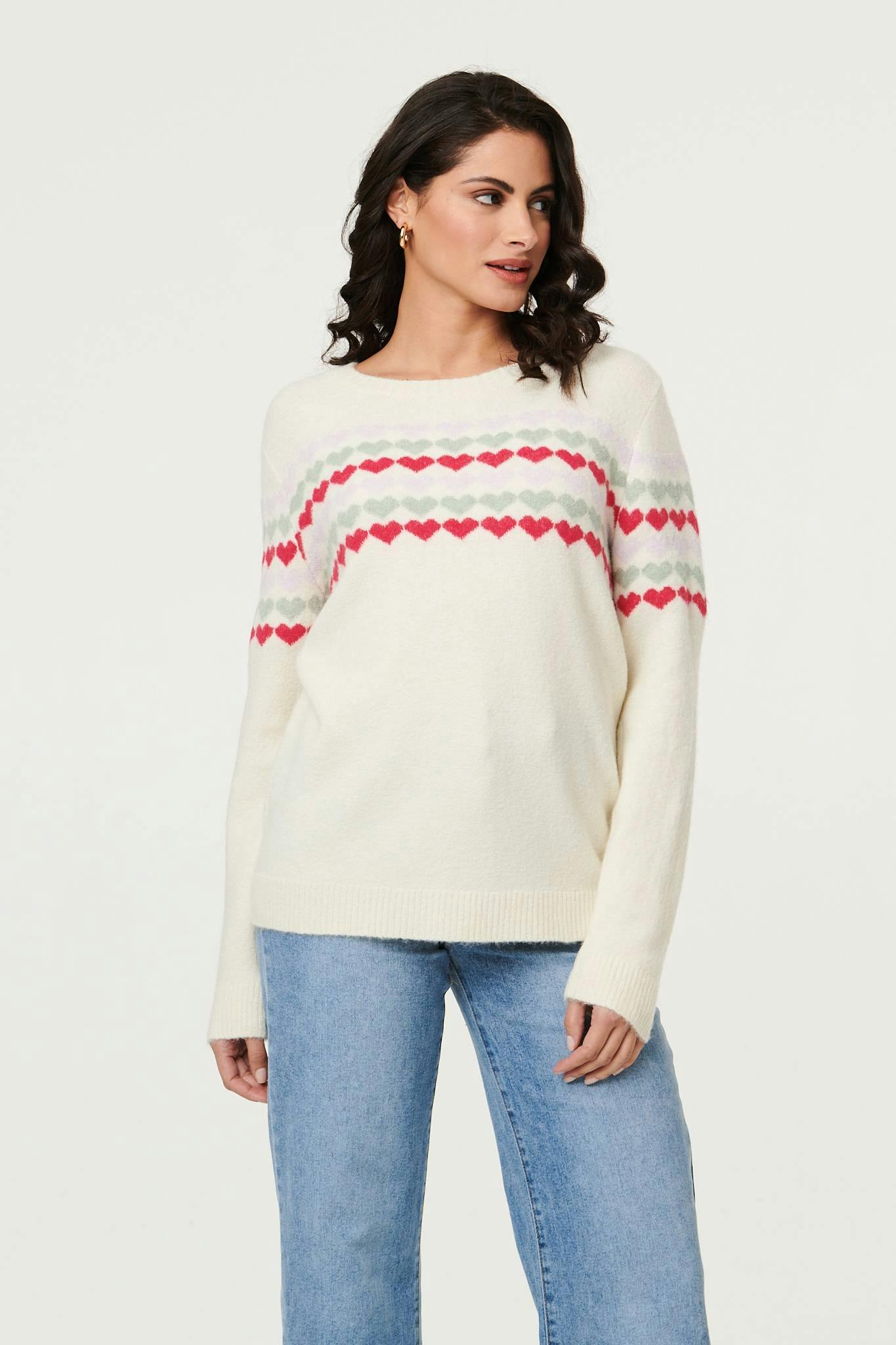 Izabel London Beige Heart Print Long Sleeve Relaxed Jumper - 8