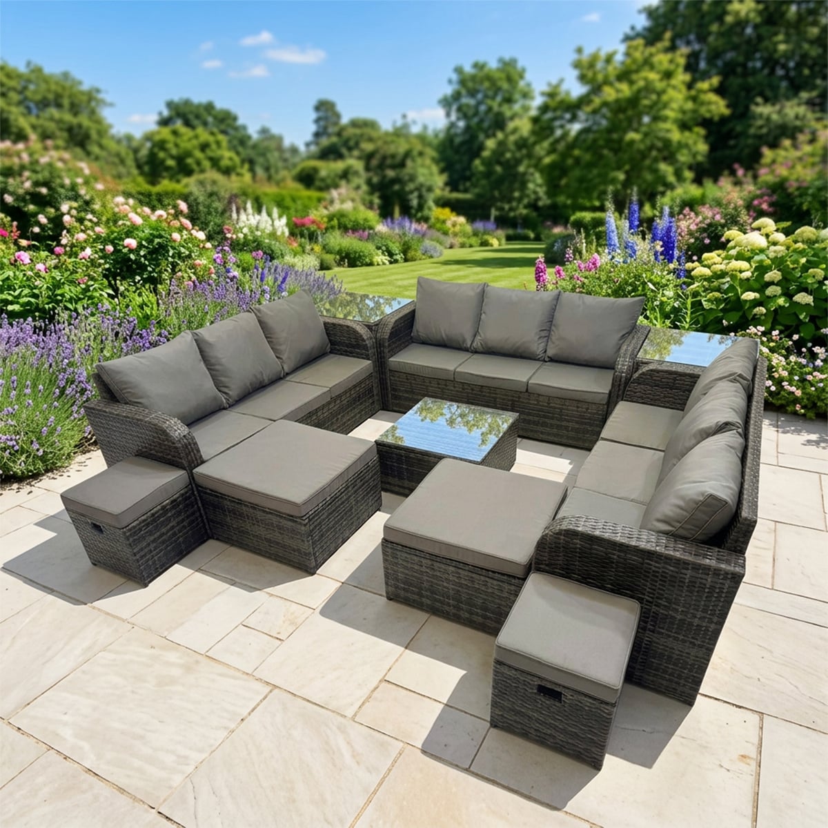Fimous Dark/Grey Rattan Garden Outdoor Furniture Set 3 Seater Sofa Square Coffee Table Set With 4 Stools 2 Side Table Mixed