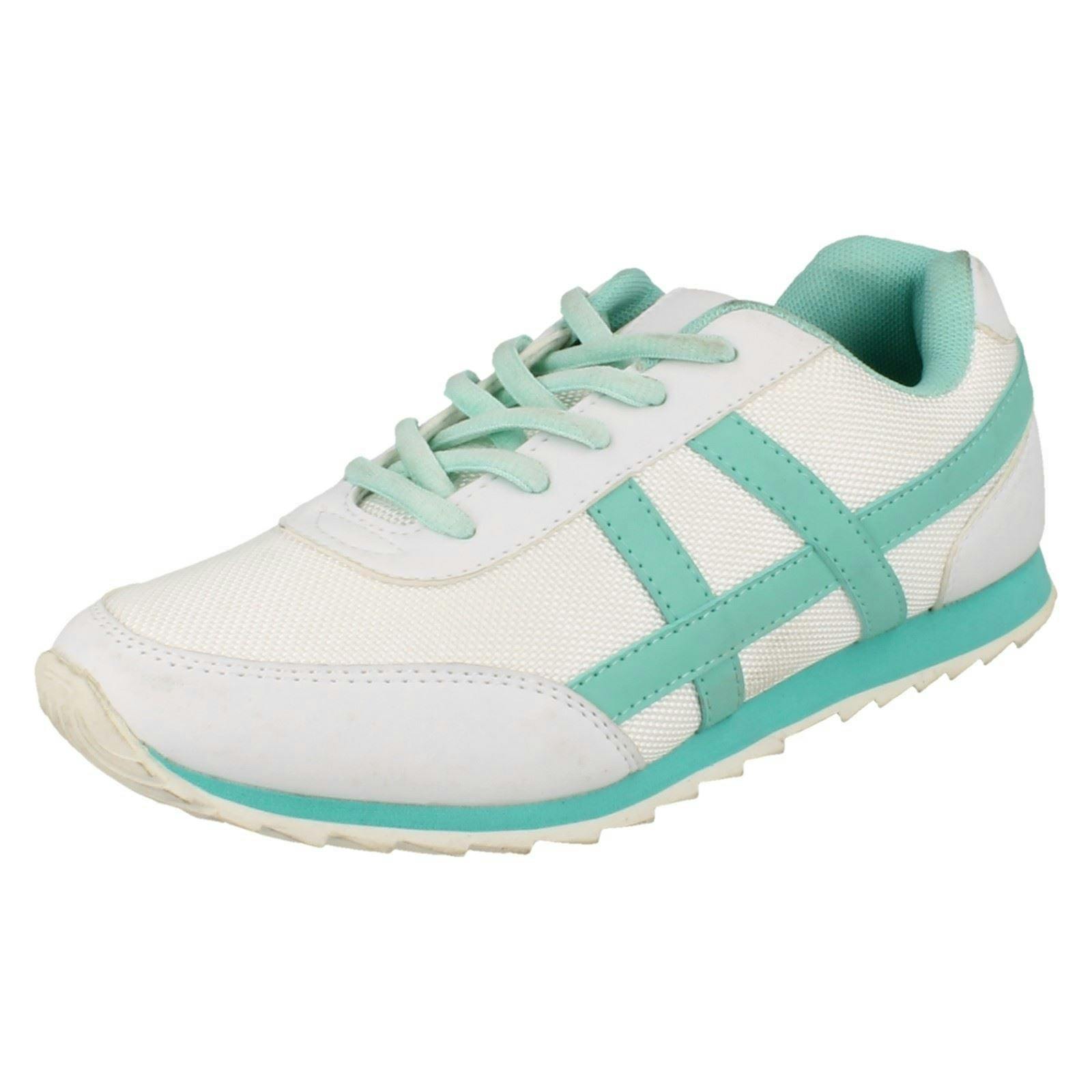 Spot On Women's White/Green Flat Casual Lace Up Trainers - /Mint - Uk 4