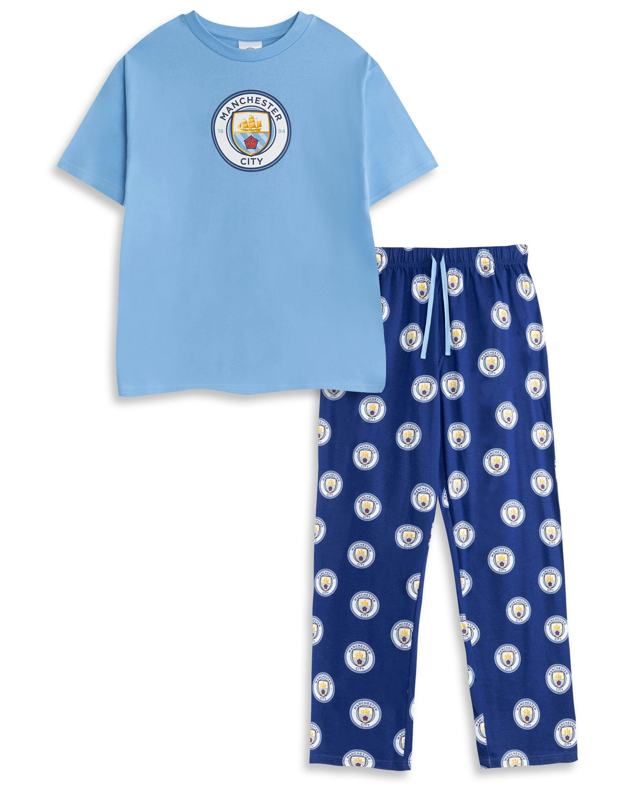 Vanilla Underground Men's Blue Manchester City Logo Short Sleeve Long Leg Pyjama Set - Large