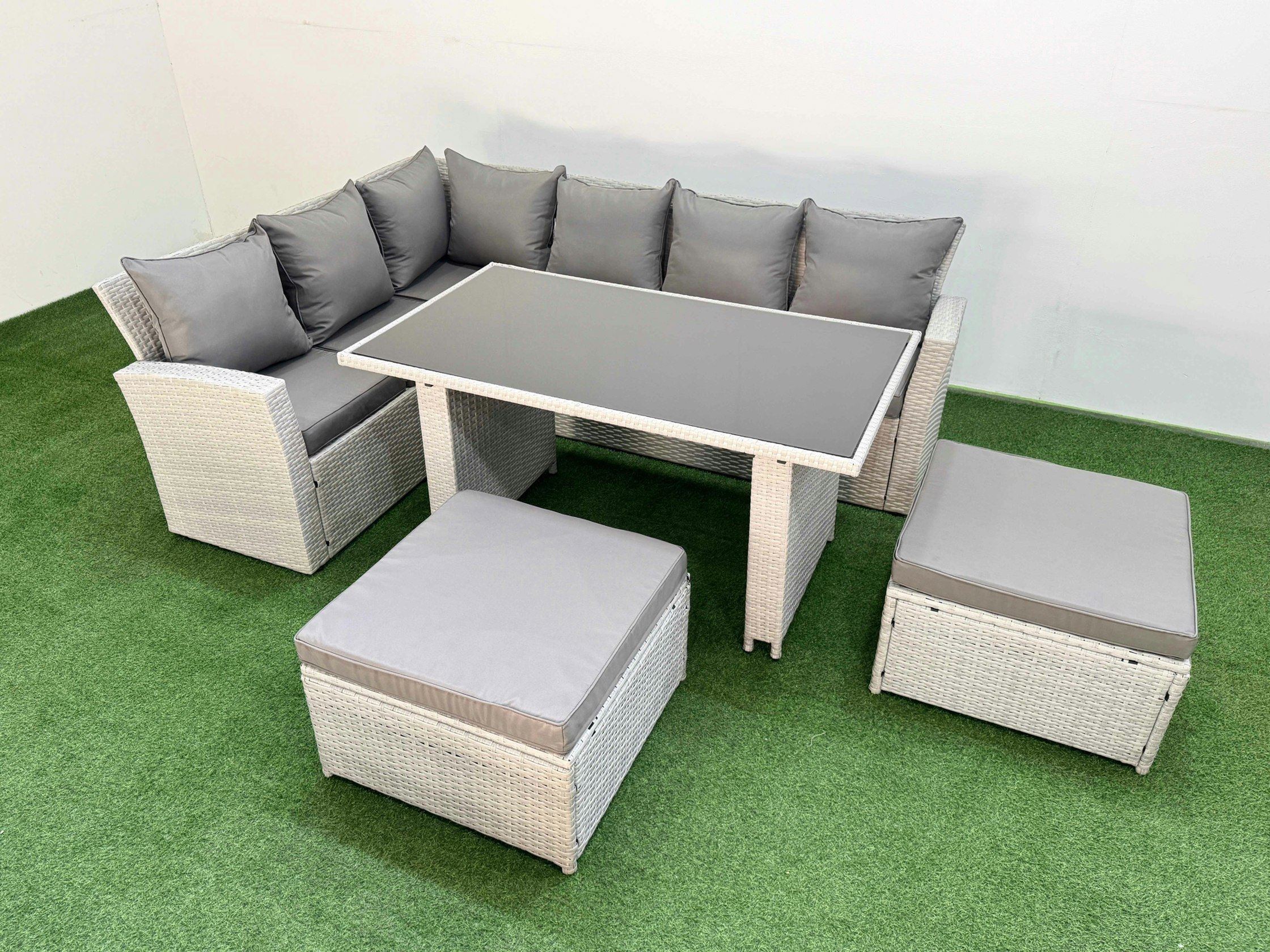 Rackhams Light/Grey 8 Seater Wicker Rattan Corner Sofa Sets Outdoor Garden Furniture Sets With Rectangular Dining Table Lounge Sofa 2 Big Footstool