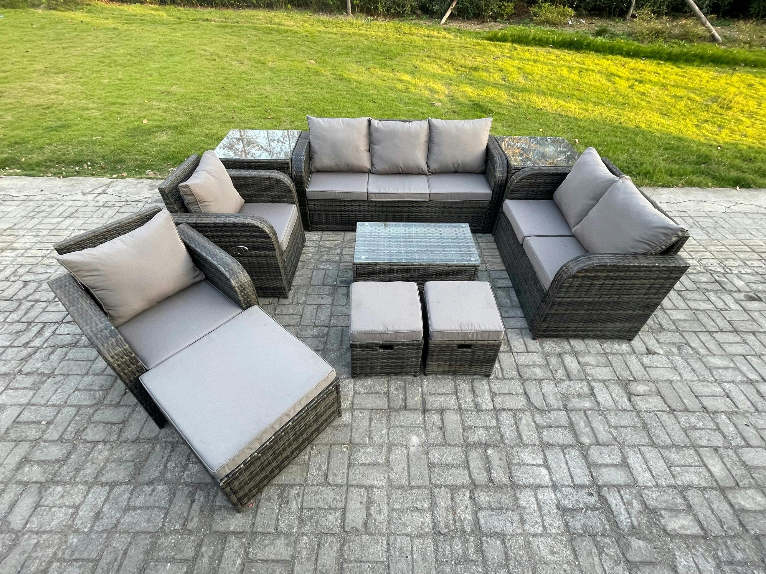 Rackhams Dark/Grey 10 Seater Rattan Furniture Set With 2 Sofas, Coffee Table, 2 Reclining Chairs, 2 Side Tables And 3 Footstools - Mixed