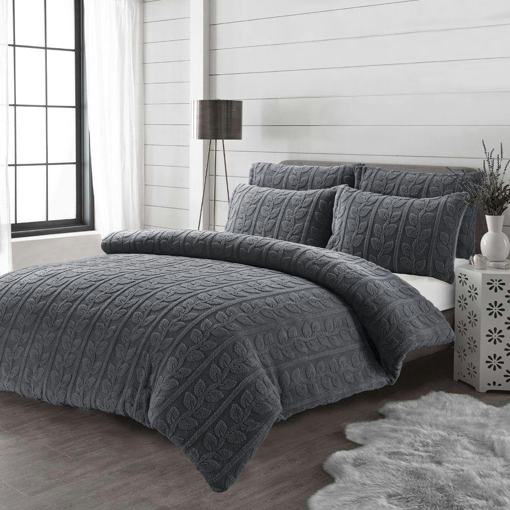 Rackhams Grey Leaves Teddy Duvet Cover Set - Super King