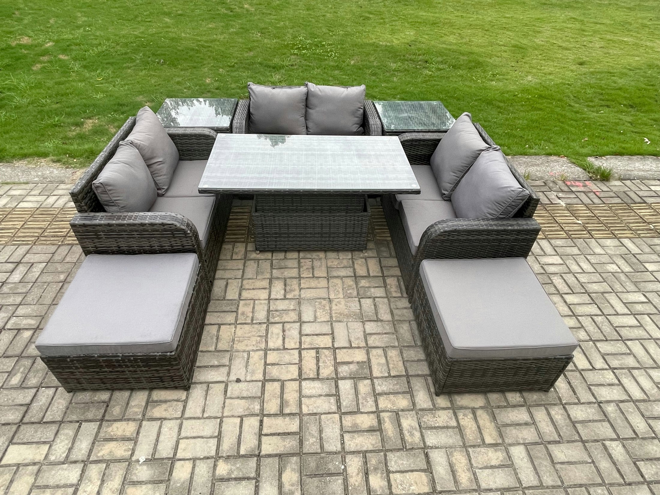 Rackhams Dark/Grey Rattan Garden Outdoor Furniture 3 Pc Love Sofa Set Patio Adjustable Rising Lifting Dining Table With 2 Side Tables 2 Big Footstool