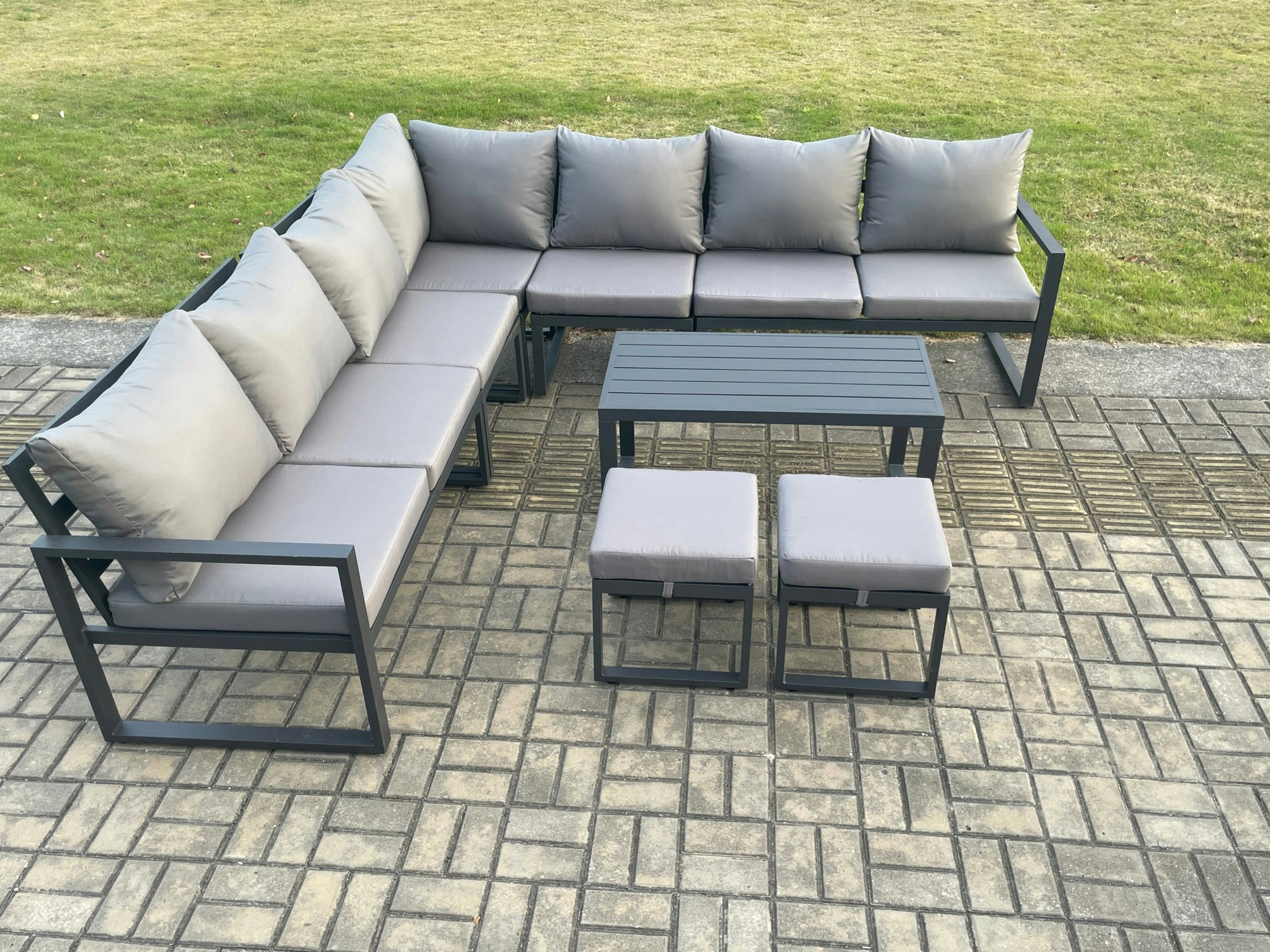 Fimous Dark/Grey Aluminium Patio Outdoor Garden Furniture Lounge Corner Sofa Set With Oblong Coffee Table 2 Small Footstools