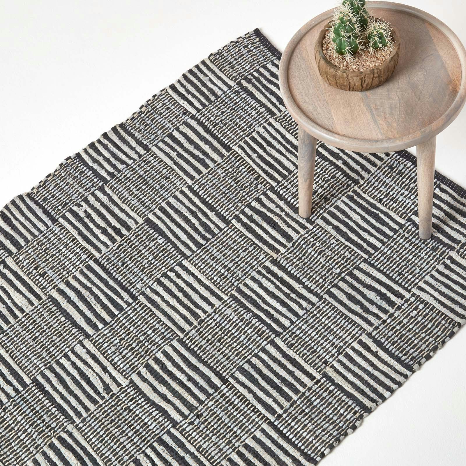 Homescapes Black/White & Real Leather Handwoven Striped Block Check Rug - 120 X 180 Cm
