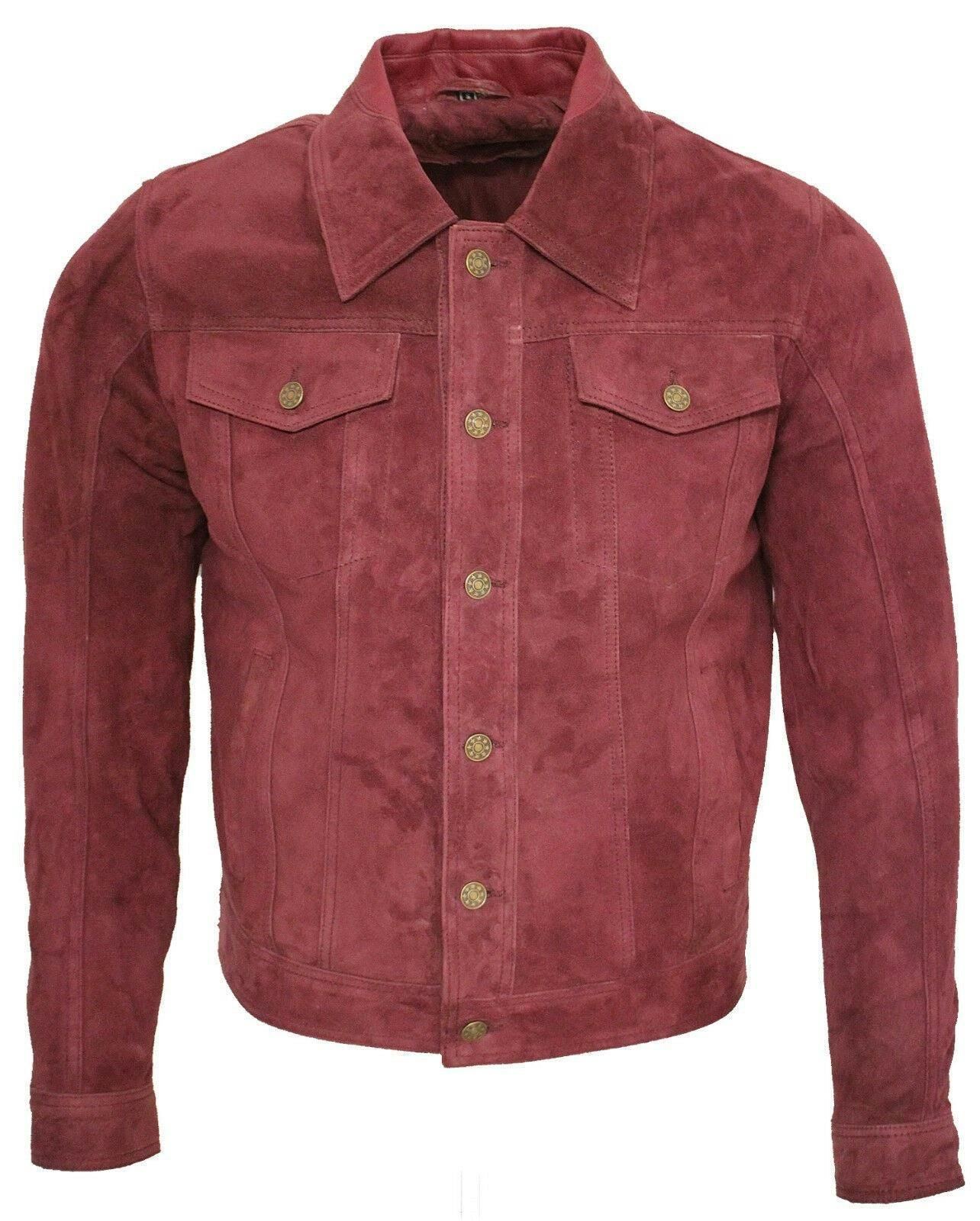 Infinity Leather Men's Burgundy Goat Suede Leather Trucker Jacket-Taraz - Uk 3XL | Eu 56 | Us 46