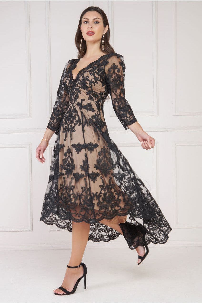 Goddiva Black Scalloped Lace Dipped Hem Midi Dress - By - 6