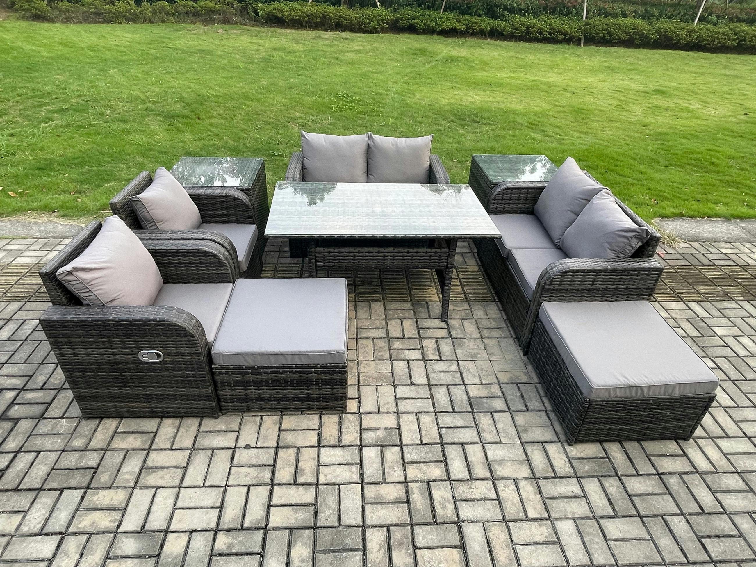 Fimous Dark/Grey 8 Seater Rattan Garden Furniture Set With Dining Table, 2 Loveseats, 2 Reclining Chairs, 2 Footstools & 2 Side Tables