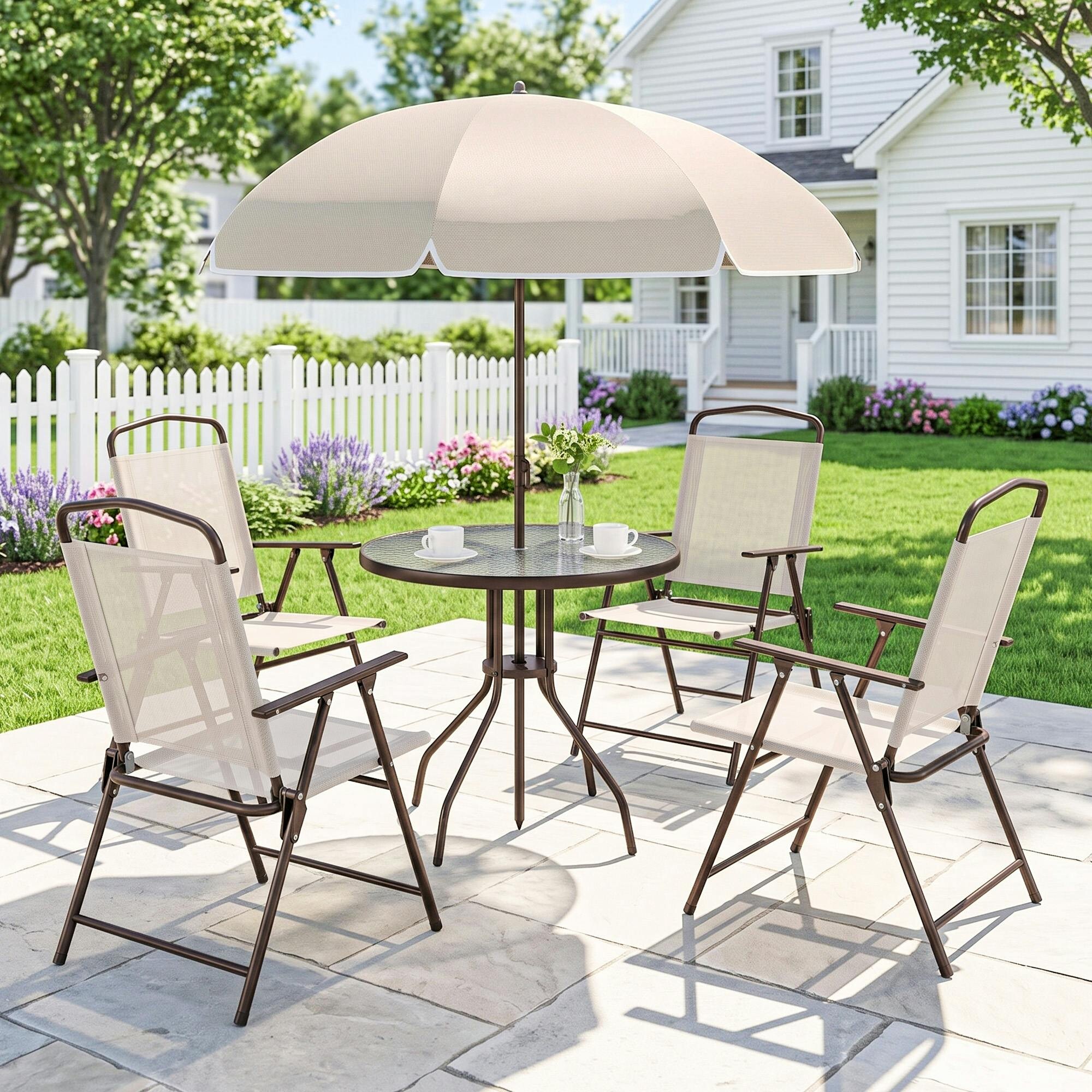 Rackhams Grey 6 Piece Garden Dining Set With Umbrella, Outdoor Dining Sets With Parasol, 4 Folding Dining Chairs & Round Tempered Glass Table, - Image 5