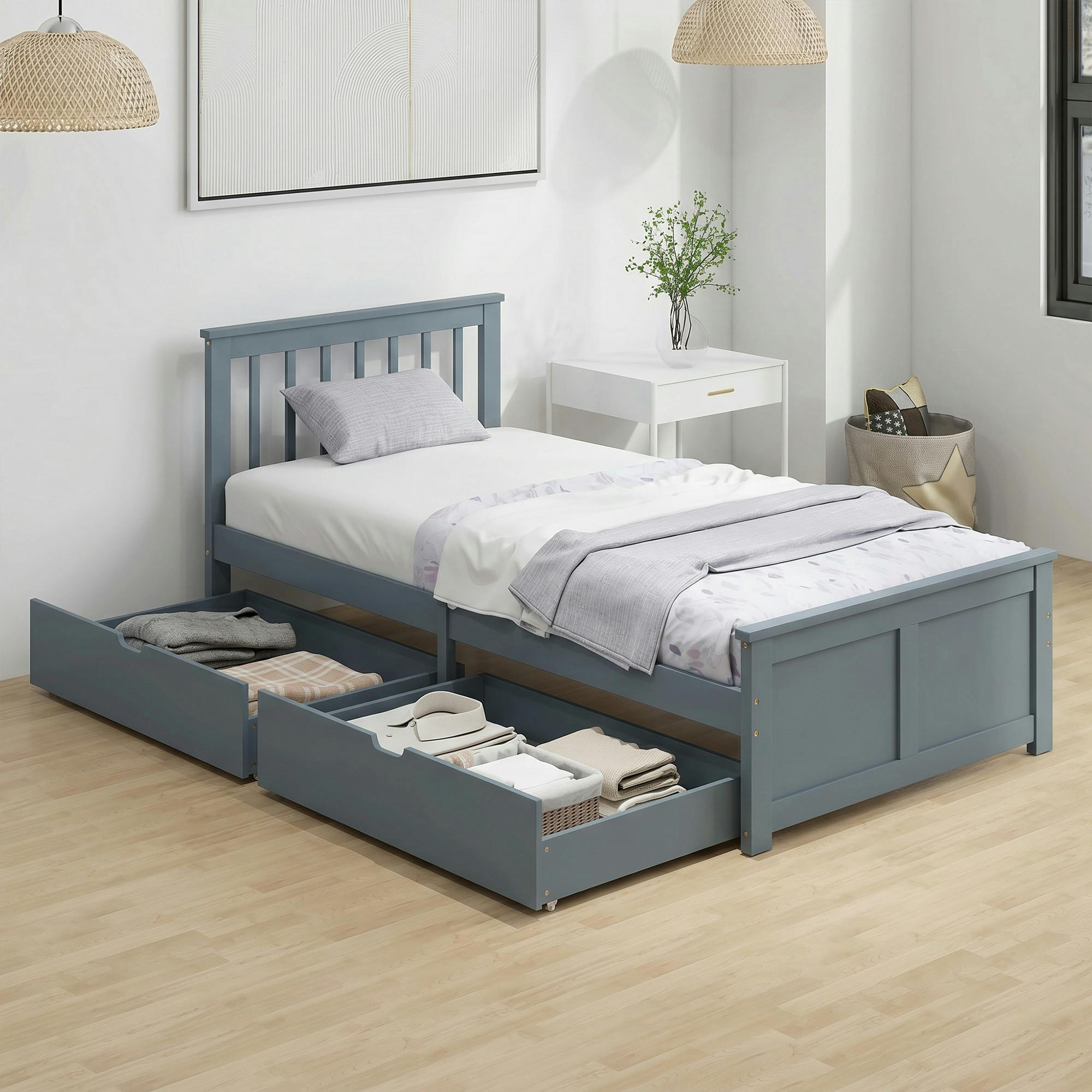 Homcom Grey Storage Bed With 2 Drawers, Headboard, Wood Slat Support,