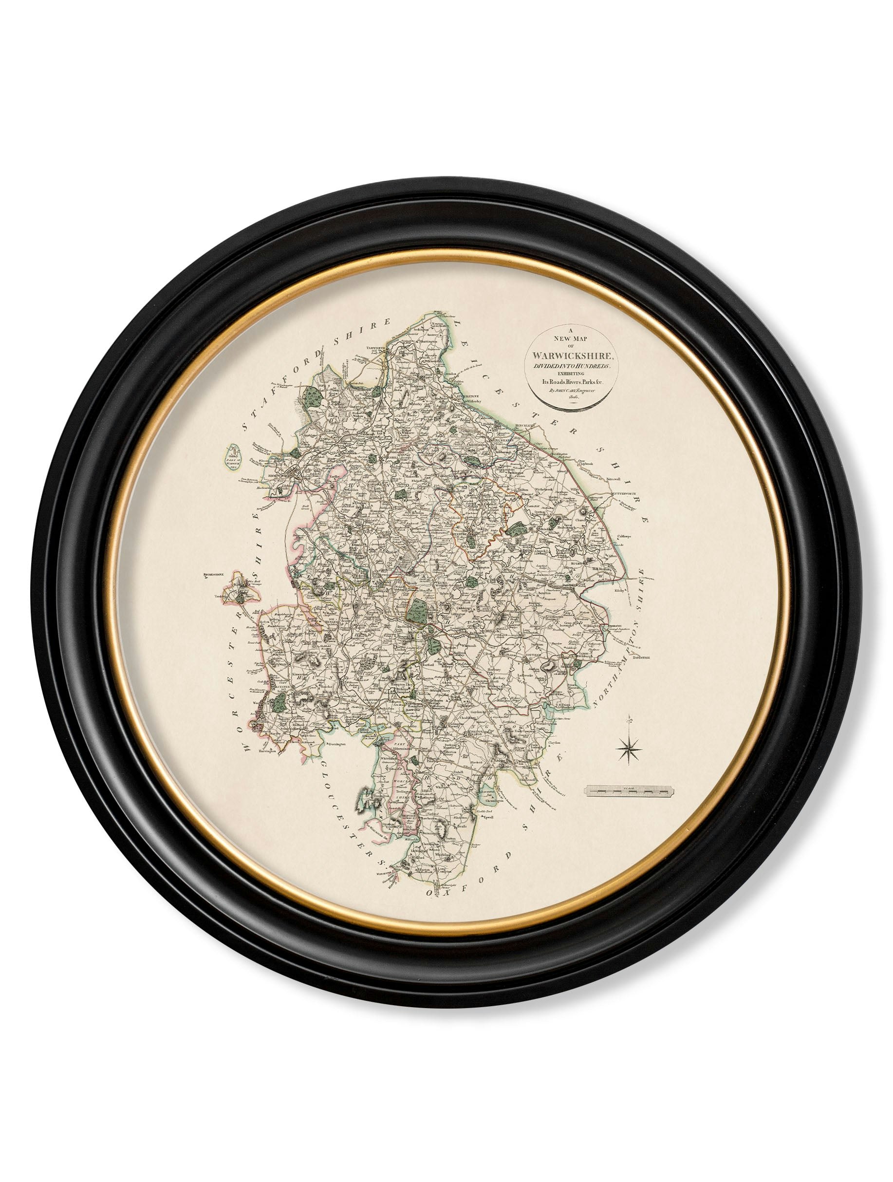 Rackhams Black C.1806 County Maps Of England - Round - 96 X 96Cm - Warwickshire
