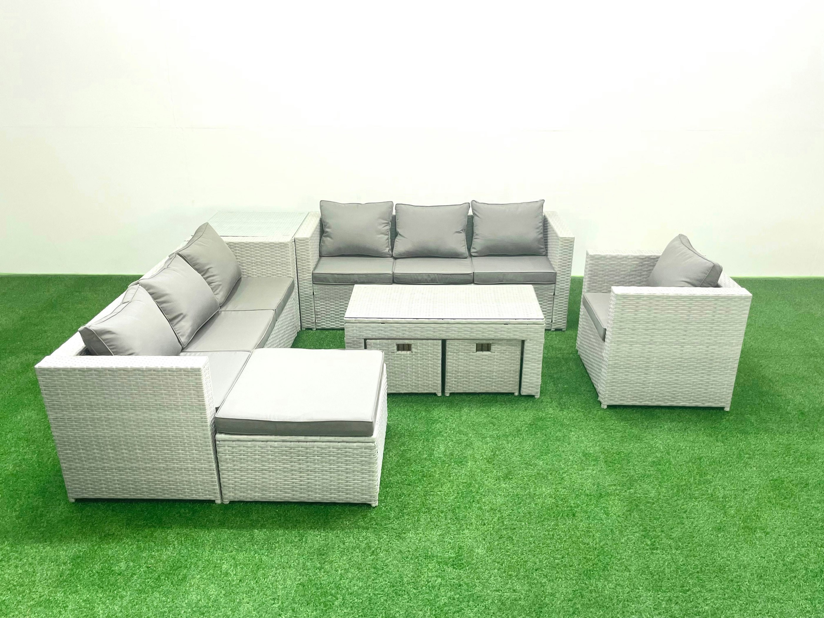 Rackhams Light/Grey Wicker Pe Rattan Sofa Garden Furniture Set With Oblong Coffee Table Armchair 3 Footstools Side Table Mixed