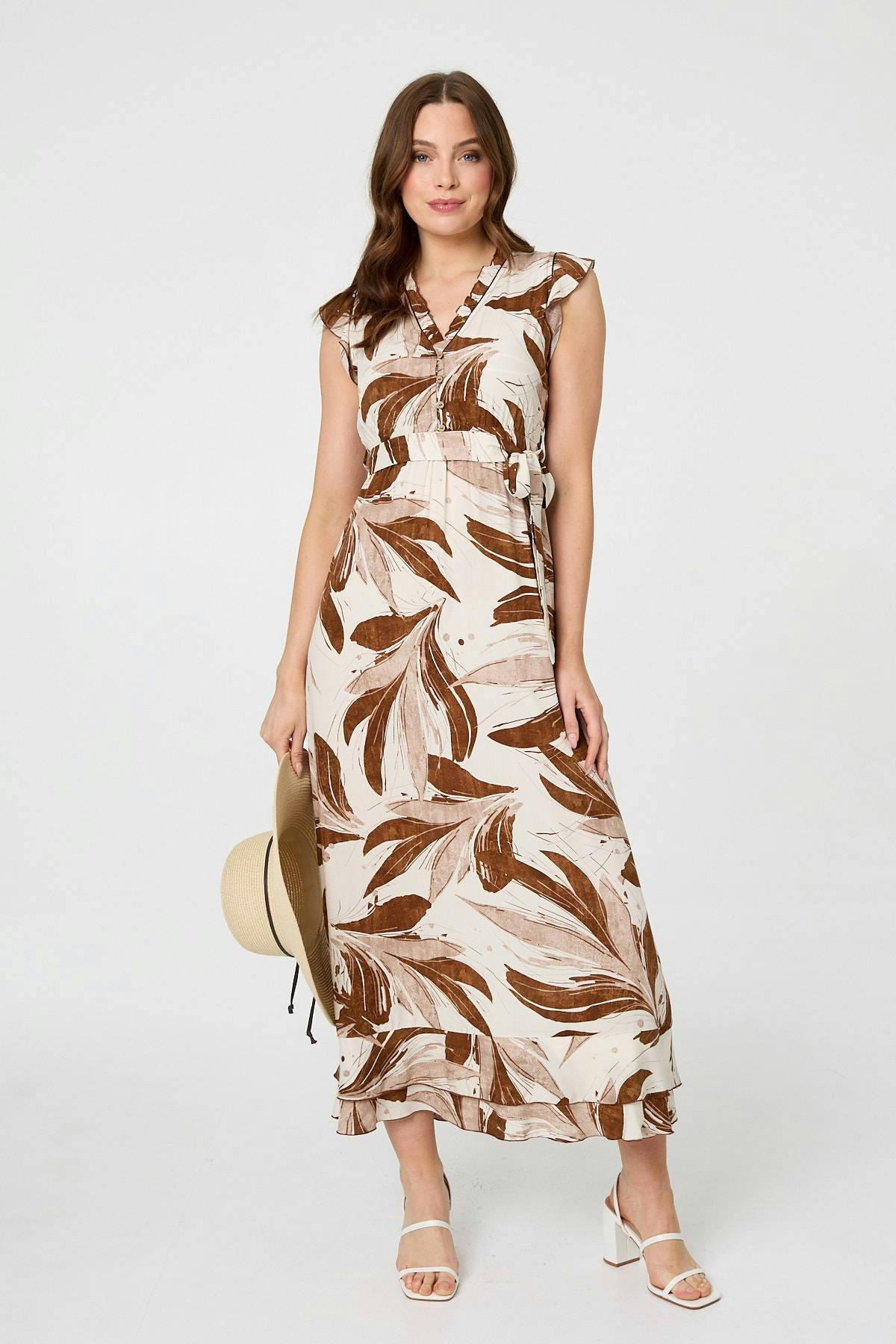 Izabel London Brown Leaf Print Layered Tie Waist Maxi Dress - 14