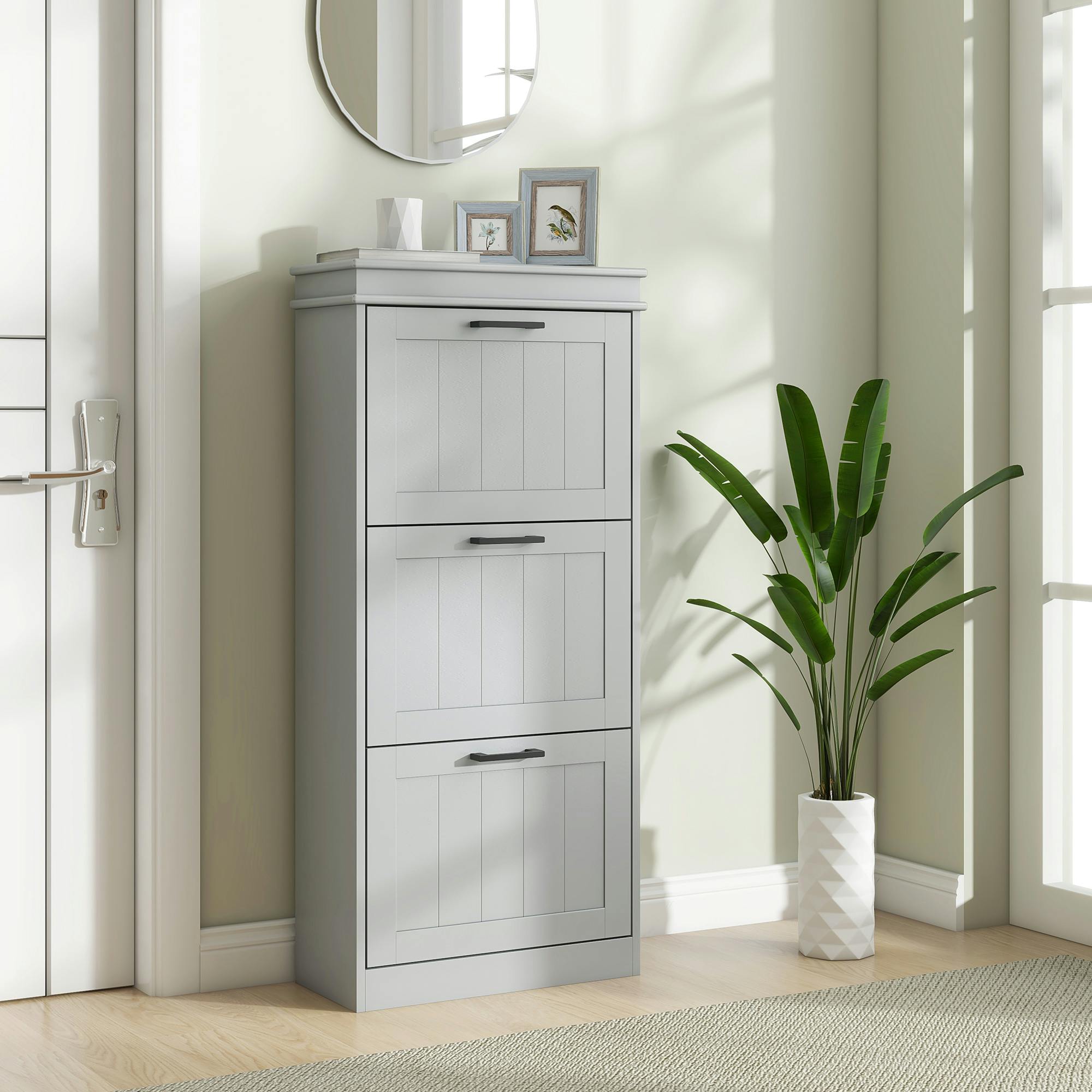 Rackhams Black/Grey Slim Shoe Storage Cabinet With 3 Flip Drawers For Entryway,