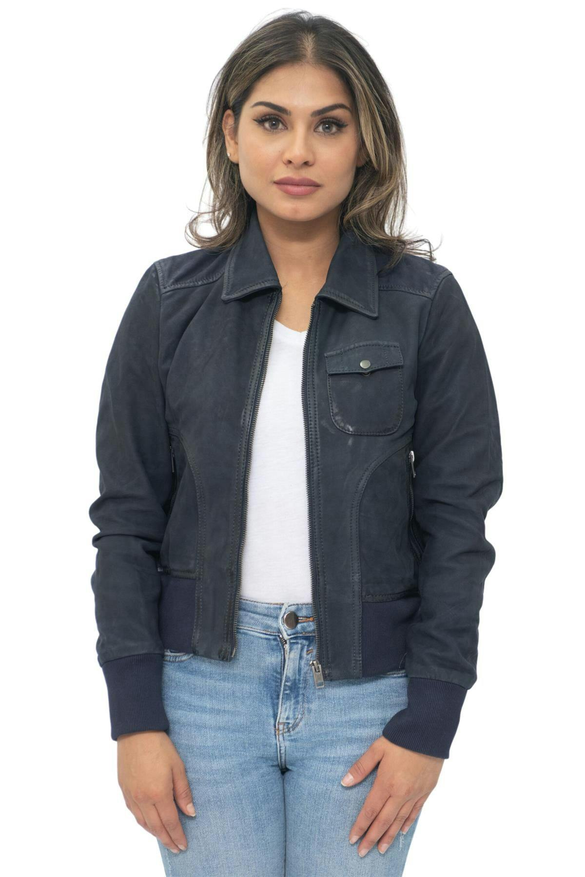 Infinity Leather Women's Leather Ma-1 Varsity Jacket-Ann Arbor - Navy - Uk 4XL/22 | Eu 48 | Us 18